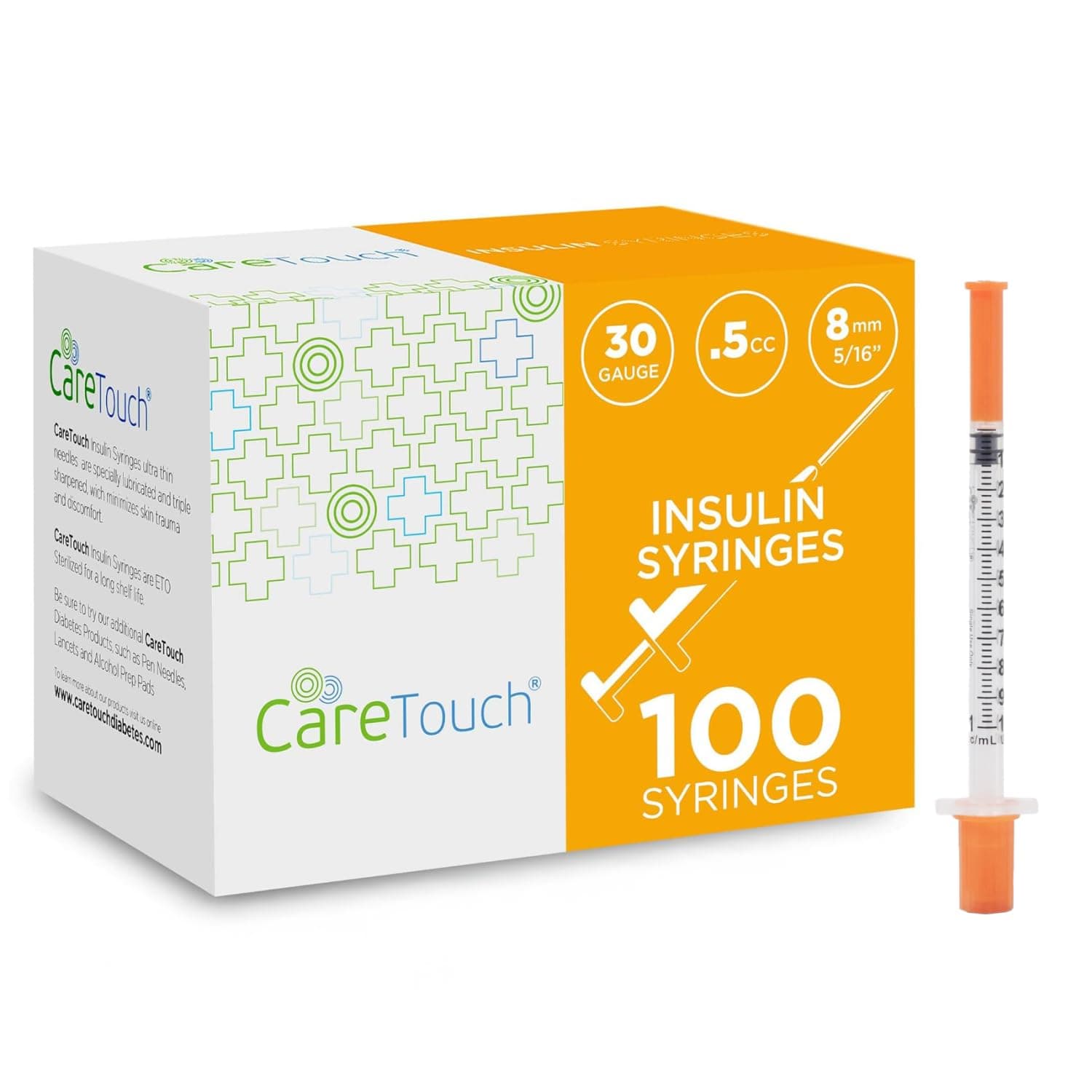 Care Touch Insulin Syringes - 30g 5/16"-8 mm .5 cc Syringe Insulin Needles - 100 Sterile Insulin Syringes - Non-Toxic & Non-Pyrogenic - Silicone-Coated, Pyrogen-Free Ultra Thin Needles (Pack of 100)
