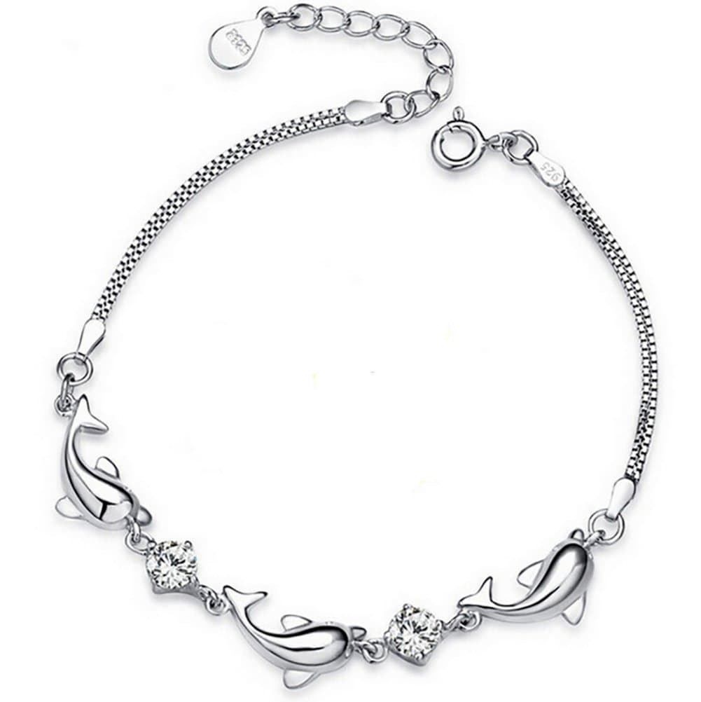 Winwest Sterling Silver Dolphin White CZ Bracelet,6.5" +1.5" Ext
