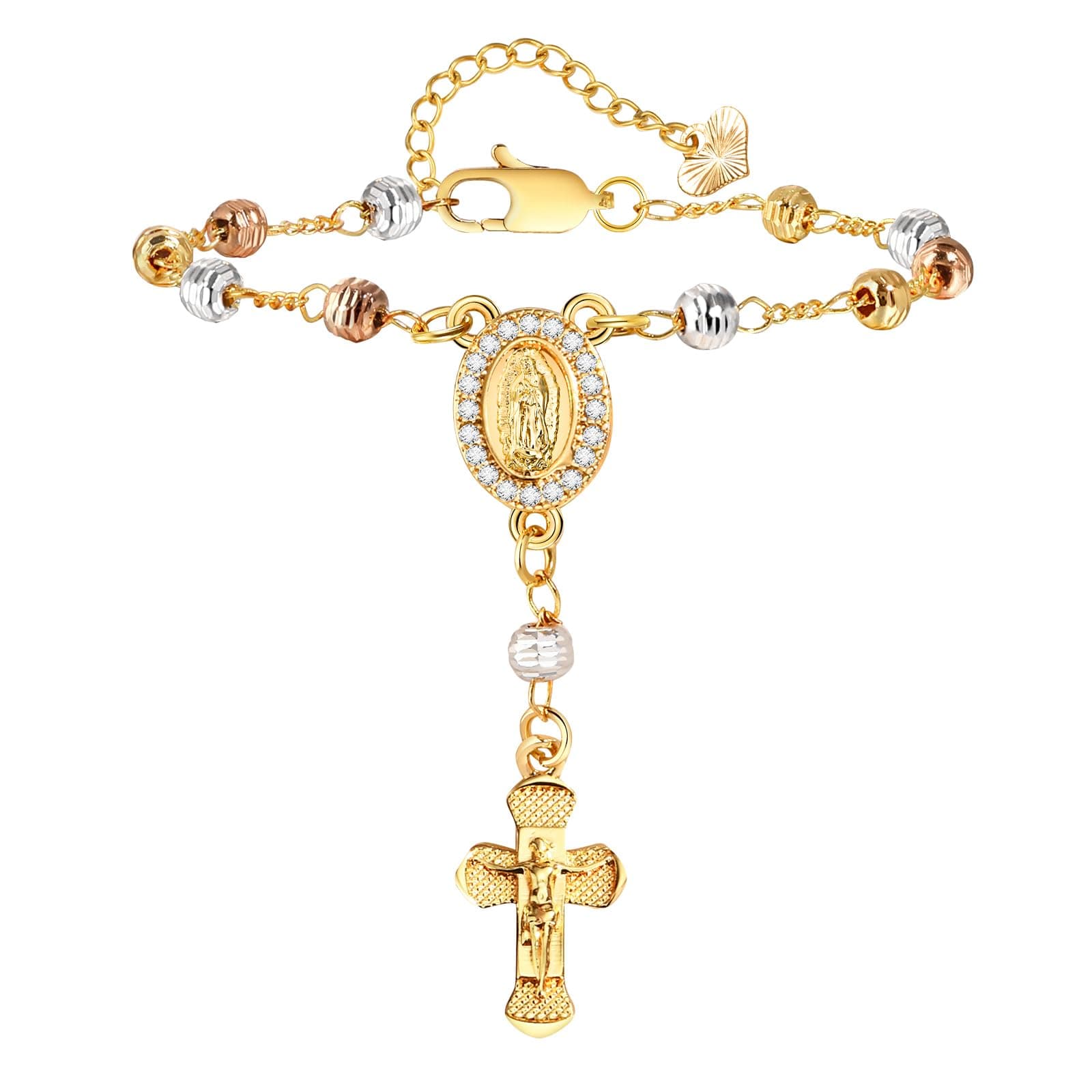 Catholic Crucifix Gifts Rosary Bracelet for Women-14K gold plated Virgin Mary Jesus Cross Charm Link Chain, Dainty Virgen de Guadalupe Religious Gift for Confirmation Baptism First Communion Easter