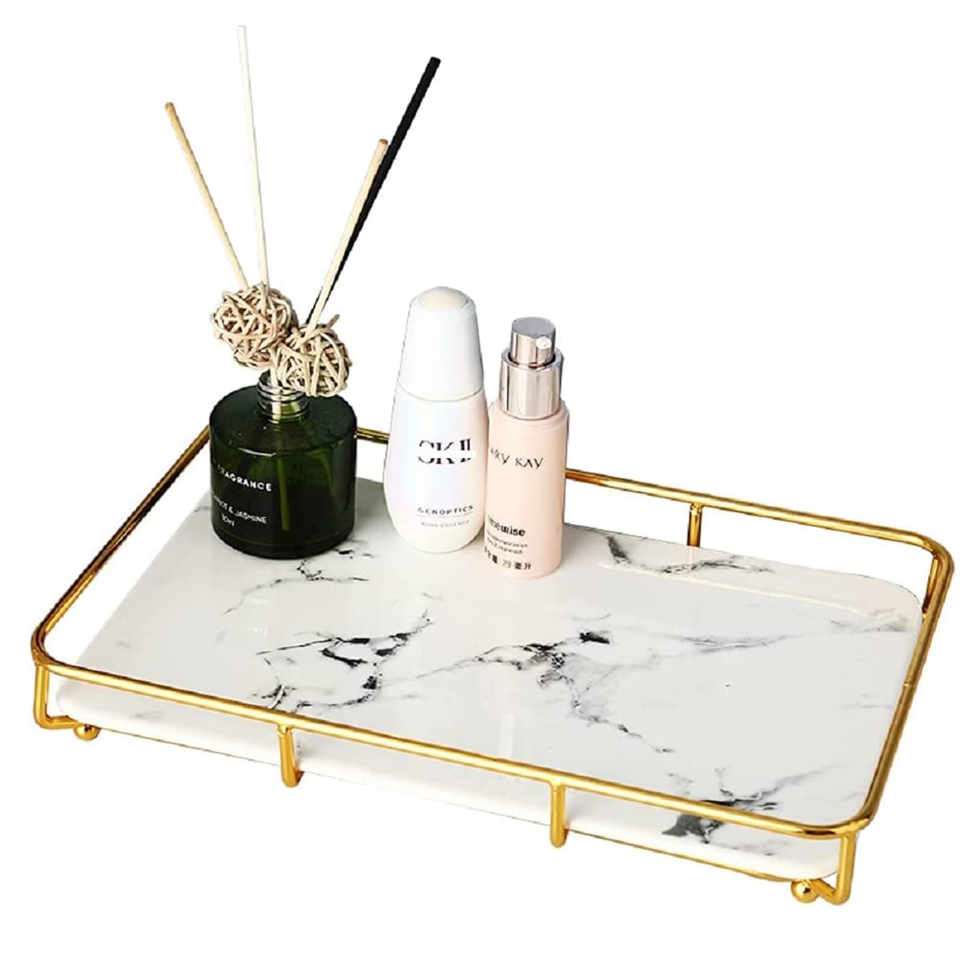 Vanity Tray Makeup Organizer Cosmetics Storage Bathroom Skincare Organizer Countertop Display Rack in Dresser Stainless Steel Shelf Marble Print Ceramic Trays