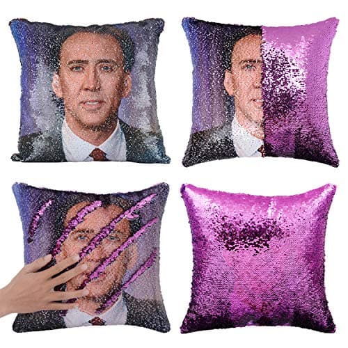 Merrycolor Mermaid Pillow Cover Magic Reversible Sequin Pillow Cover Throw Cushion Case Decorative Pillowcase That Change Color (D Nicolas Cage#1- Purple Sequins)