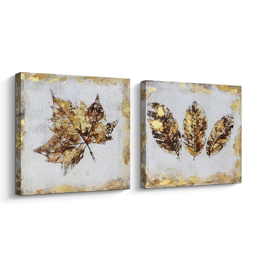 Pinetree Art Gold Maple Leaf Canvas Wall Art Set For Livingroom- Hand Painted Fallen Leaves Art Painting Gallery Wrapped Home Decoration (Gold, 12 x 12 x 2pcs)