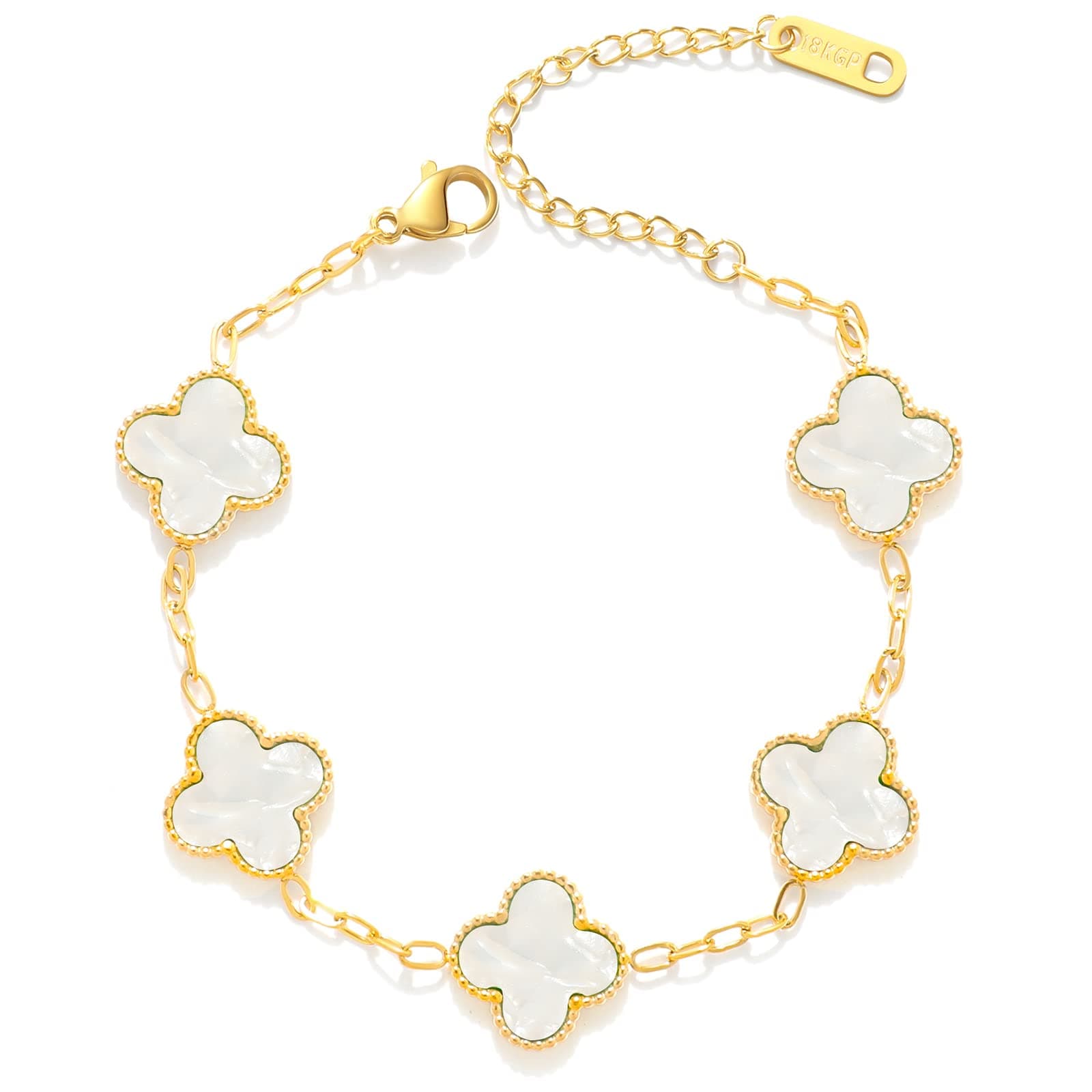 WSupikioFashion Chain Bracelets for Women Girls,18K Gold Lucky Adjustable Clover Link Bracelet Valentine's Day Christmas Jewelry (White, Stainless Steel)