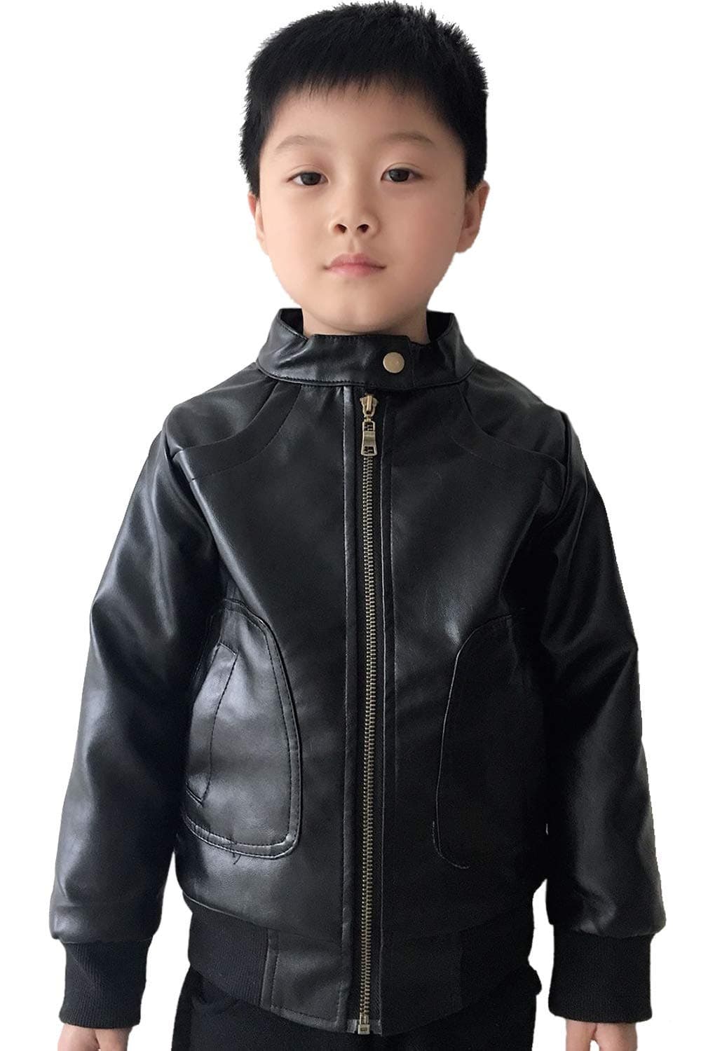 Boys Trendy Stand Collar PU Leather Moto Jacket - Winter Warm Lined Coat with Zipper Closure for Kids (Age 3-12)