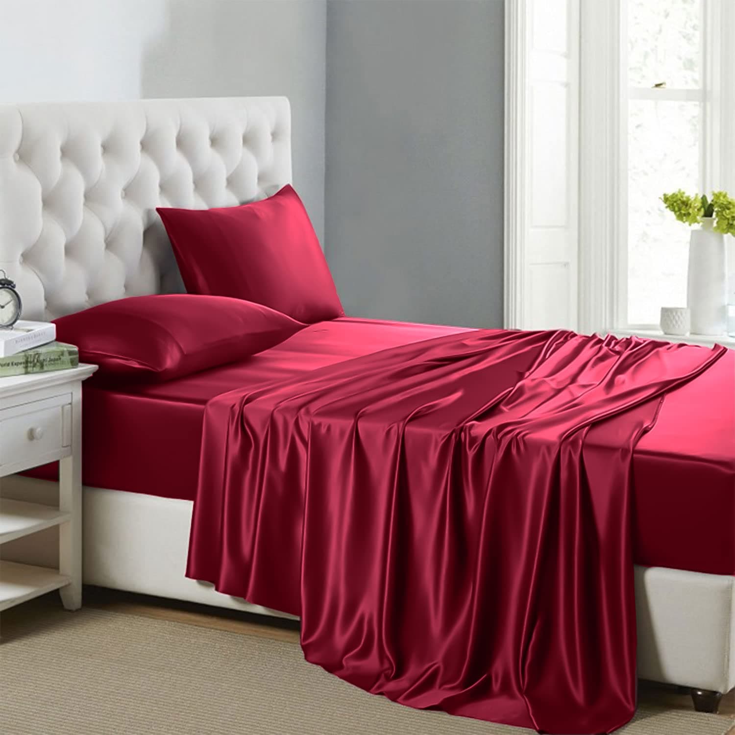 Lanest Housing Silk Satin Sheets, Twin Size Silk Bed Sheet Set with Deep Pockets, Cooling Soft and Hypoallergenic Satin Sheets Twin - Scarlet Red