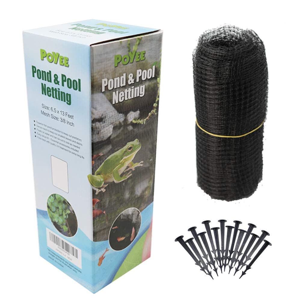 POYEE 6.5x13ft Pond Netting for Leaves Leaf Net Cover Pond Net with Small Fine Mesh Protecting Koi Fish from Birds Cats Stakes Included