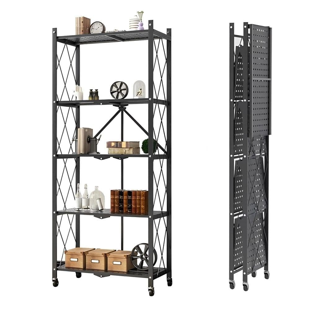 HEXAR® 5 Tier Foldable Storage Organizer Heavy Duty Metal Rack Storage Shelving Unit with Wheels Kitchen Cabinet Multipurpose Shelf Storage Rack for Living Room Bedroom Kitchen (5 TIER)
