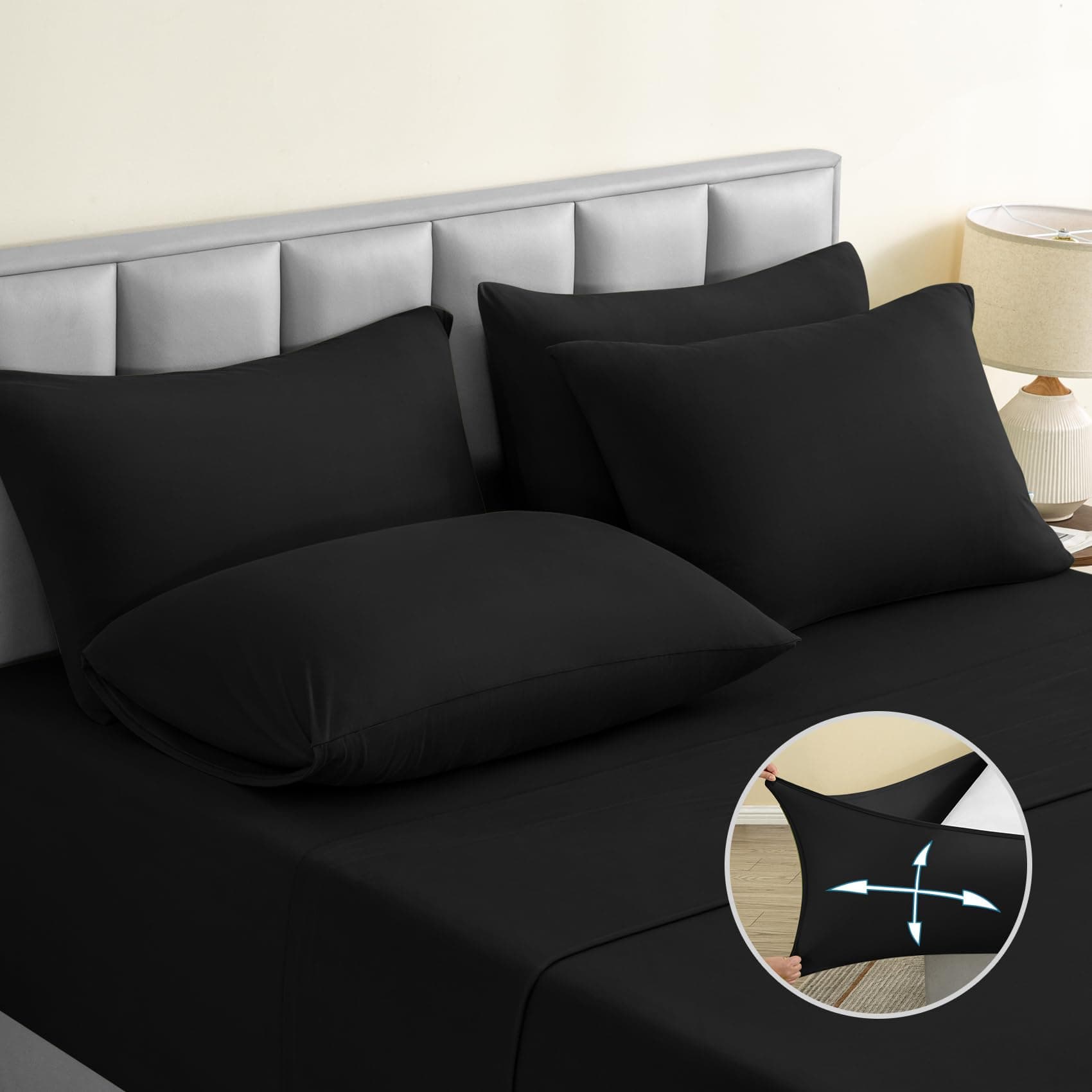 BYSURE Jersey Knit King Size Sheets Set 6 Pieces, Stretch Super Soft and Wrinkle-Free Bed Sheets, Spandex Blend with 18-inch Deep Pocket, BlackOEKO-TEX STANDARD 100