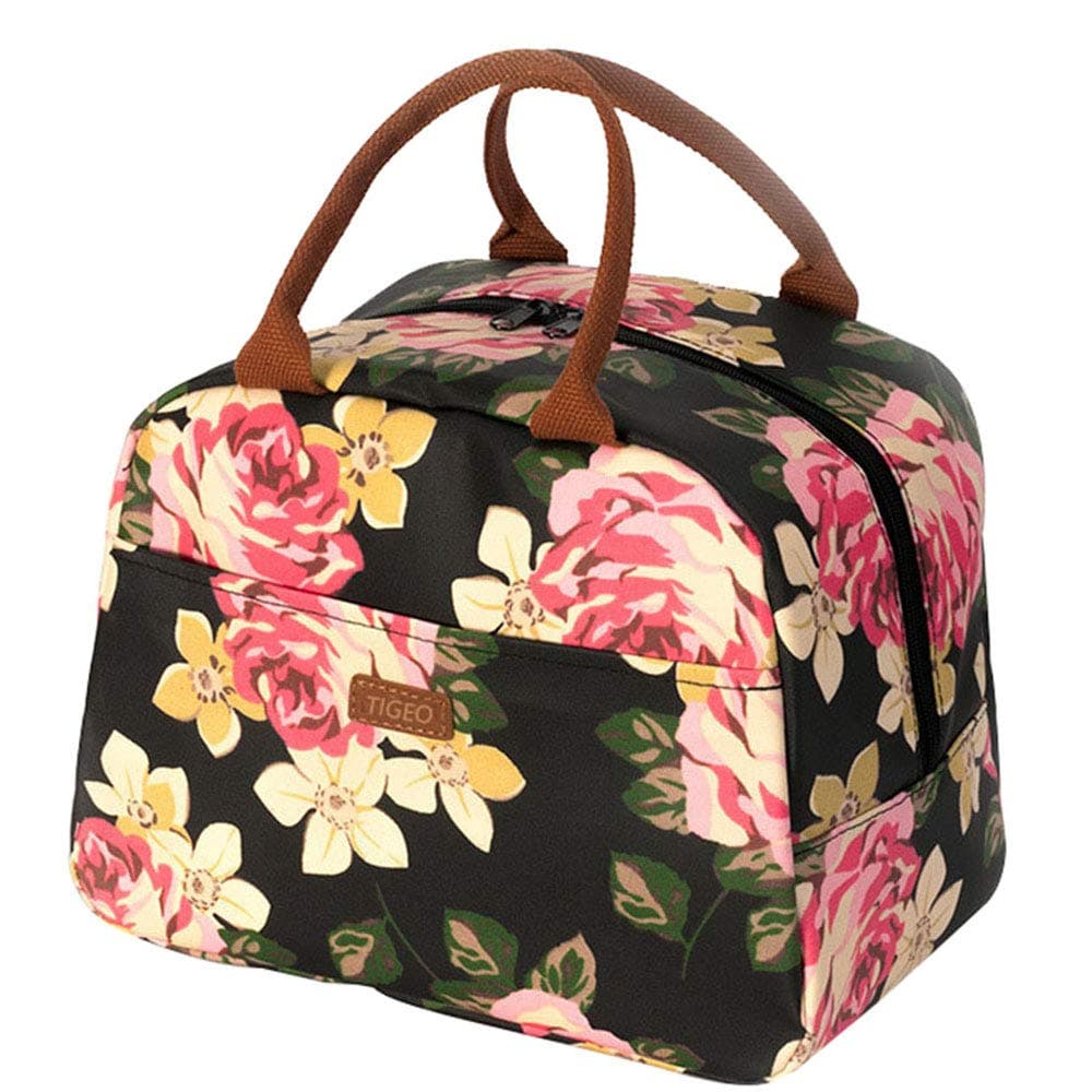Tigeo Lunch Bags for Women, Lunch Tote Bag Lunch Box Water-resistant Thermal Lunch Bag Cooler Bag Lunch Organizer for Working Picnic Beach Sporting (Black-Flower)