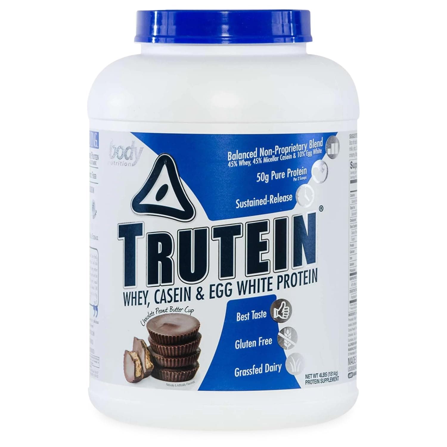 Body Nutrition Trutein High Protein Powder: 45% Whey, 45% Casein, 10% Egg White Protein Shake Mix, Gluten-Free, Low Sodium, Low Carb Protein Supplement for Men & Women, Chocolate Peanut Butter, 4lb