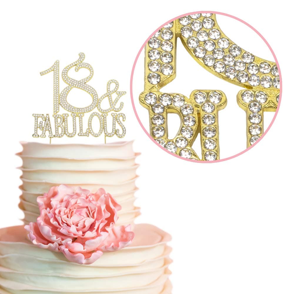 Premium Metal 18 and Fabulous Rhinestone Gem Cake Topper. 18th Birthday or Anniversary Party Keepsake and Decoration. Sparkling, Crystal and Diamond Style Bling Is a Great Centerpiece. (18&Fab Gold)