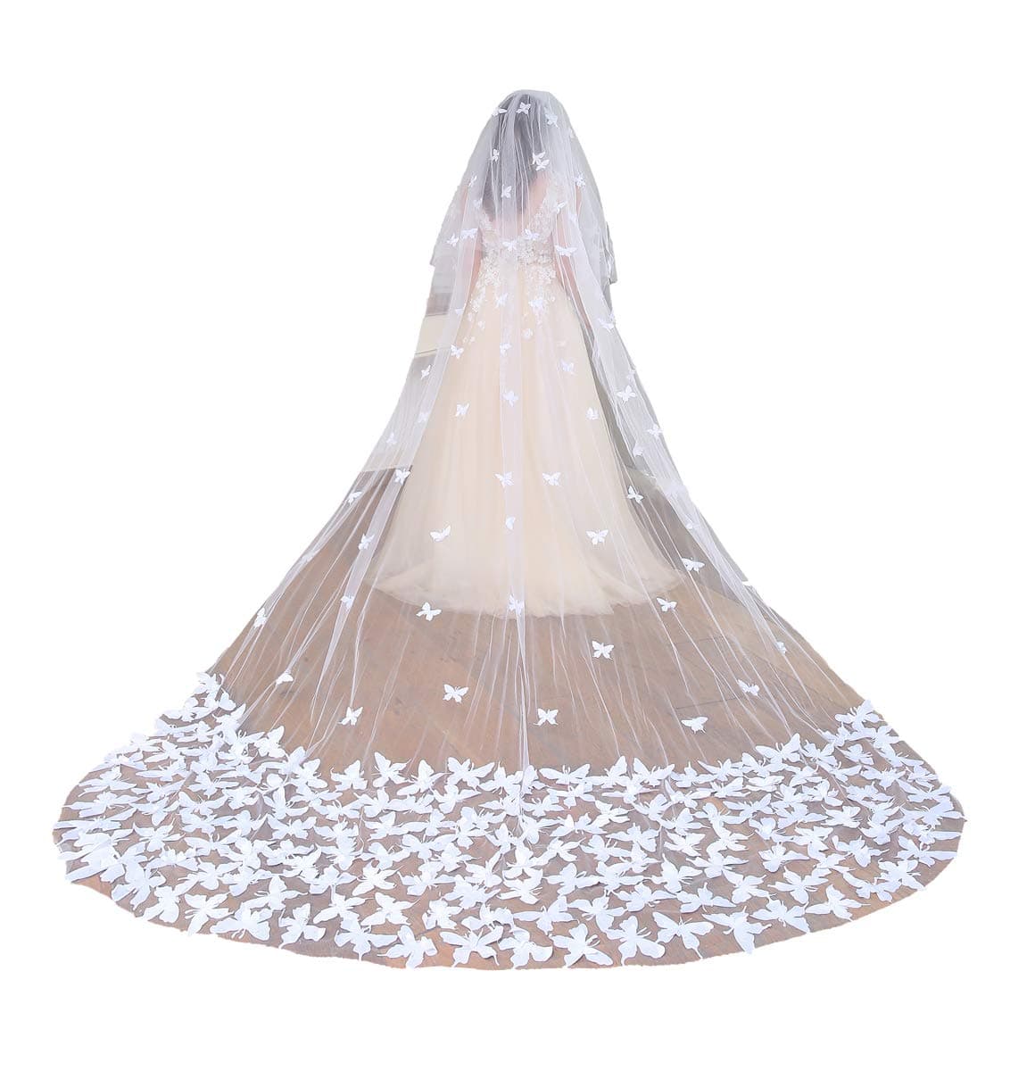 Fenghuavip 2T Wedding Veils Cathedral Veil for Brides with Butterfly Appliques
