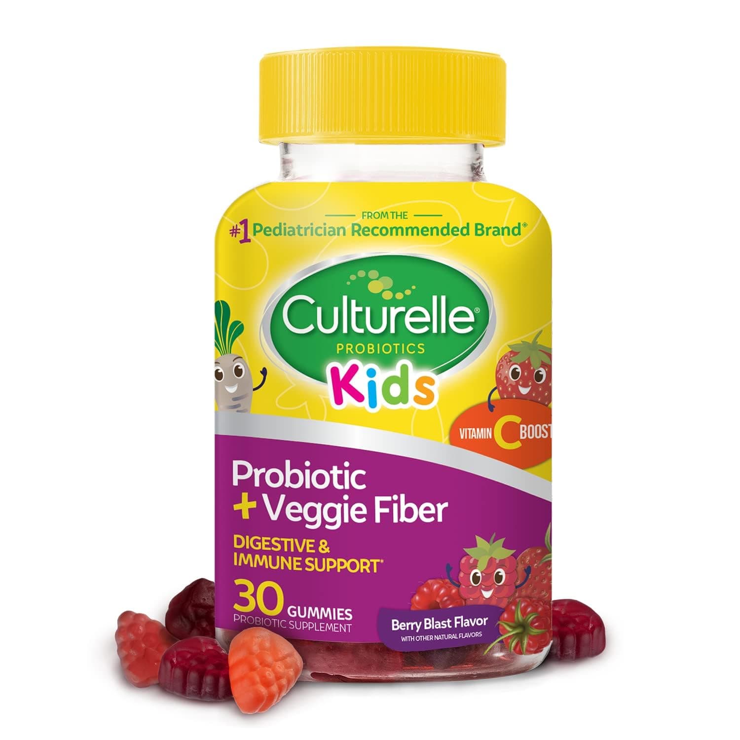 Daily Probiotic for Kids + Veggie Fiber Gummies (Ages 3+) - 30 Count - Digestive Health & Immune Support – Berry Flavor with a Vitamin C Boost