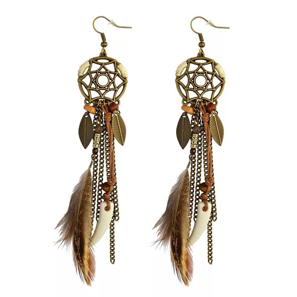 Brown Dream Catcher Feather Earrings Vintage Bohemian Ethnic Dangle Earrings for Women