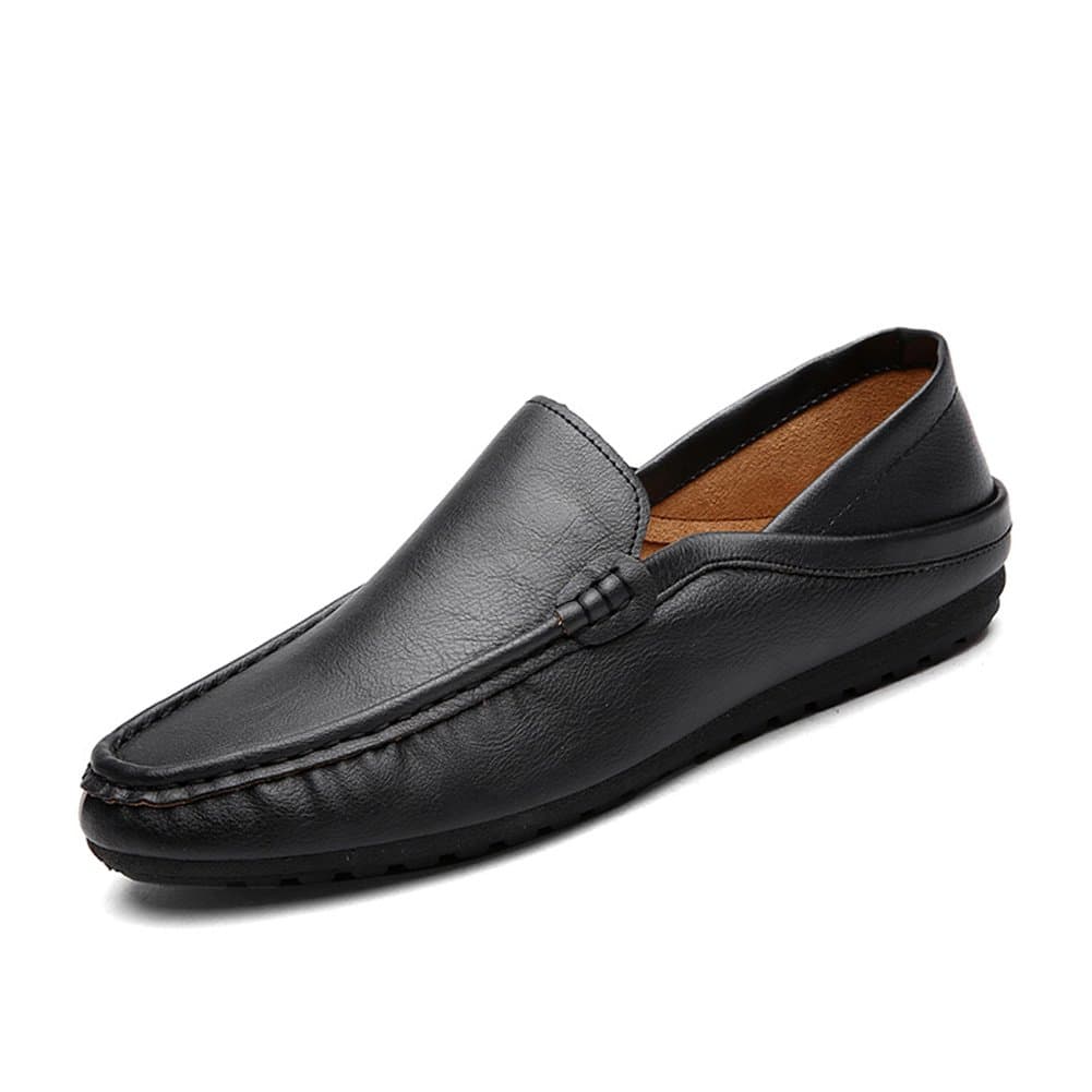 XiaoYouYu Men's Comfortable Slip-on Loafers Leather Driving Shoes Black, 9 UK