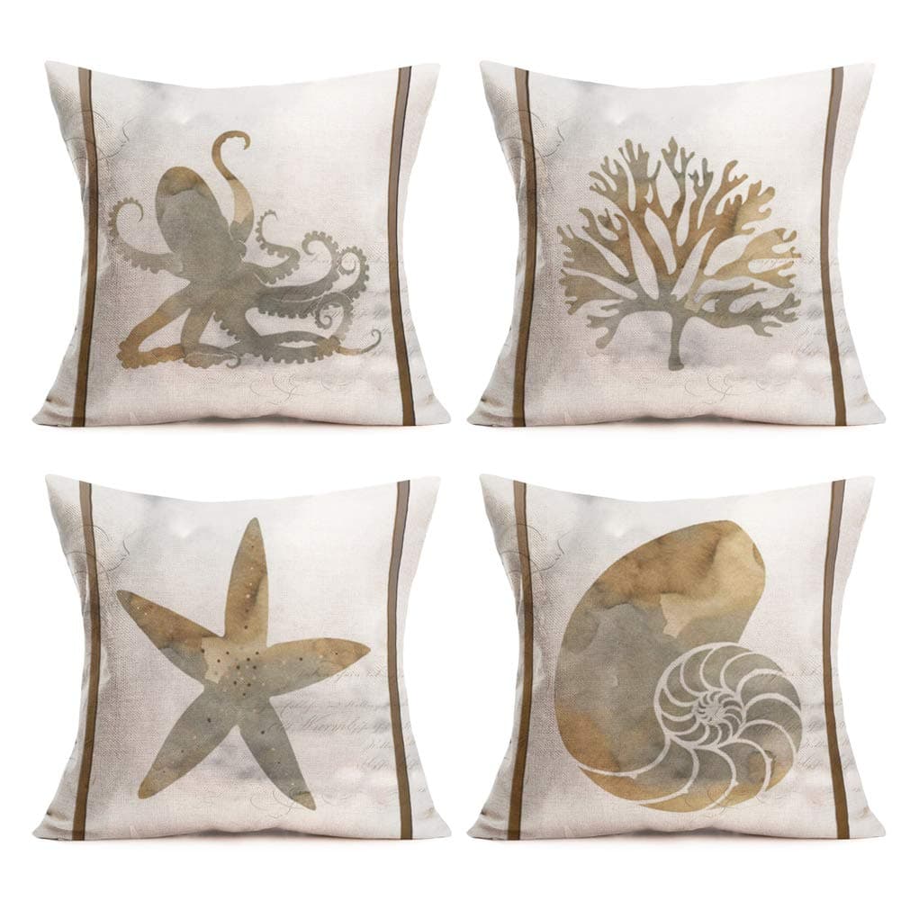 Ocean Park Theme Decorative Throw Pillow Covers Marine Animal Starfish Coral Conch Octopus Vintage Coastal Beach Sea Animals Decor Cushion Cases for Home Couch Sofa 18x18 Set of 4 (Ocean Animal)