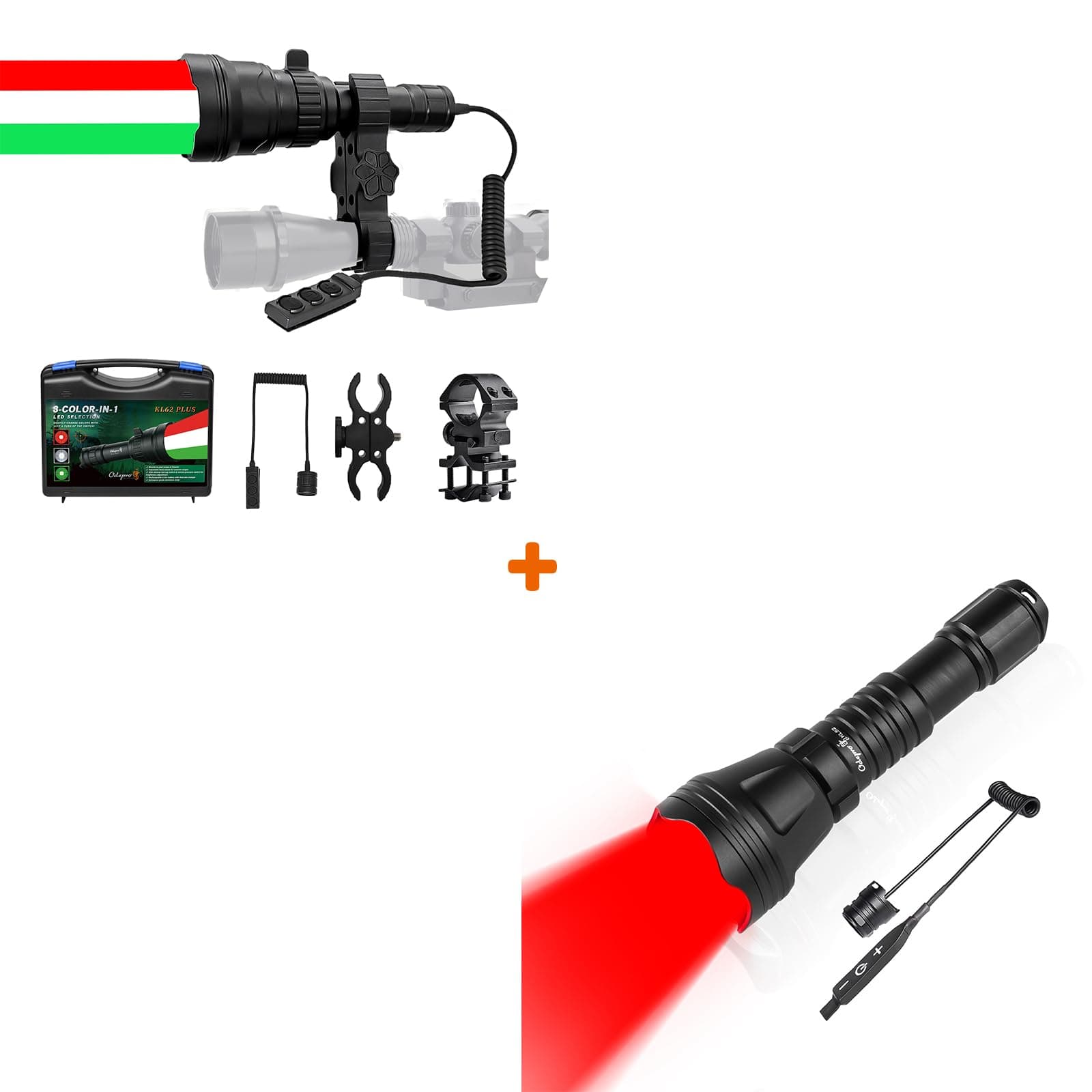 OdeproKL62Plus 3-Color-in-1 (Red, White, Green) Zoomable Scope Mount Hunting Light KL52 Zoomable Hunting Flashlight Red Coyote Light Bundle
