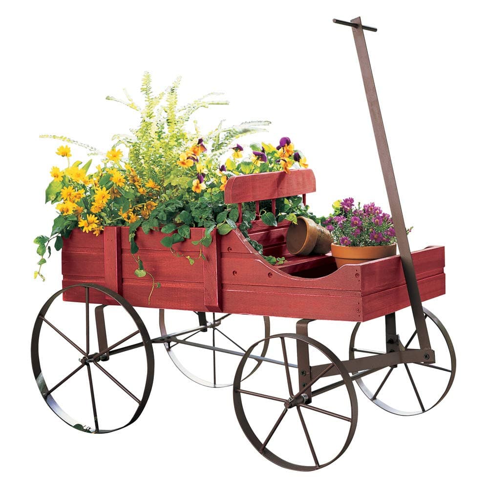 Collections Etc Amish Wagon Decorative Indoor/Outdoor Garden Backyard Planter, Red
