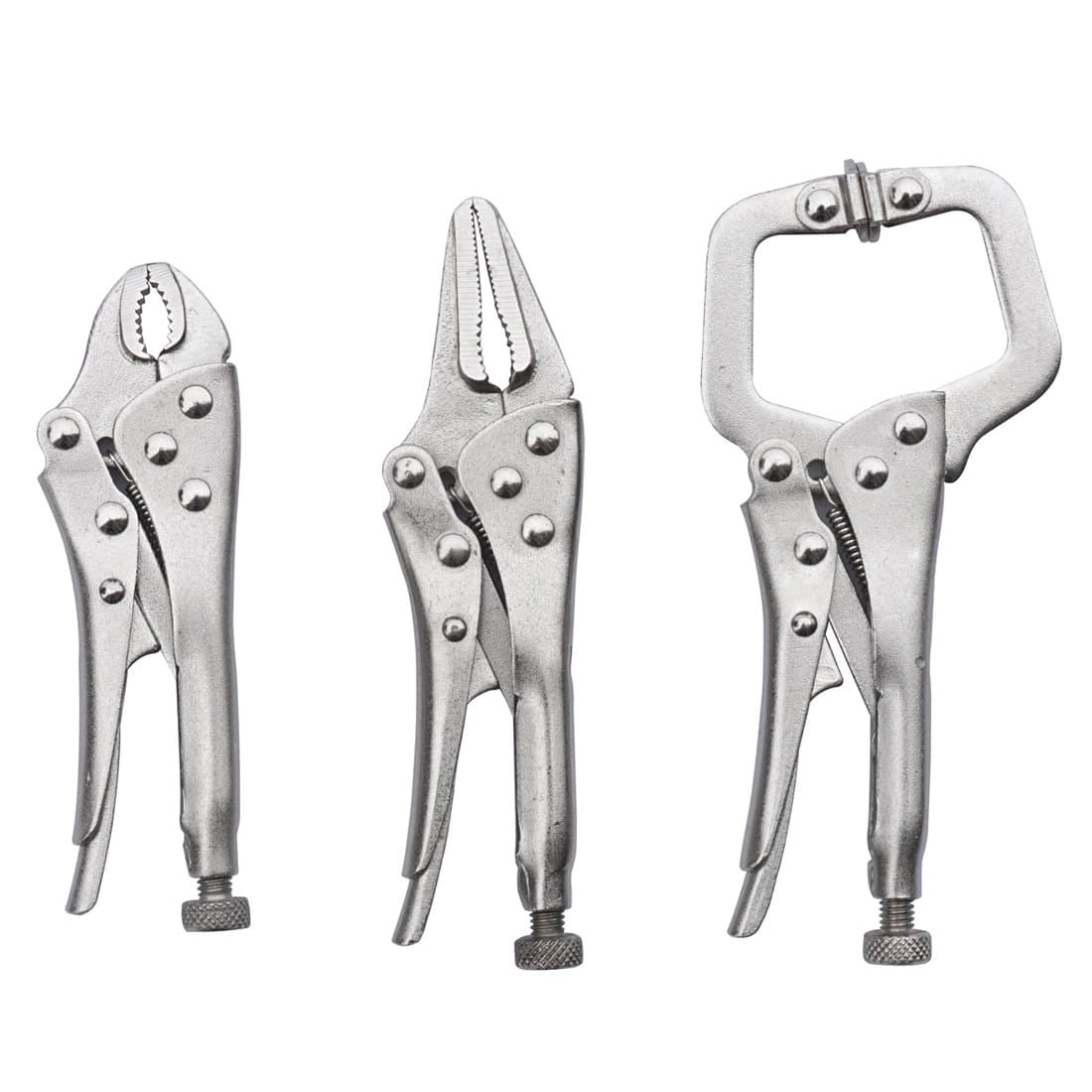 3Pcs Mini Locking Plier Set, 4.5in Round Curved Jaw, 5in C-clamp, 5in Long Nose for Grip, Clamp, and Secure