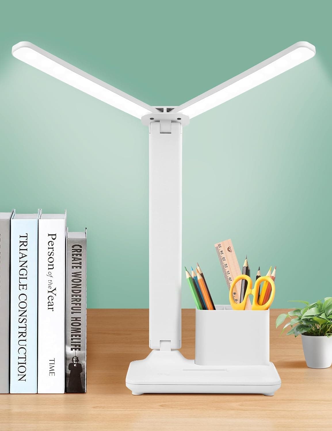 EETU LED Lamp, Table Lamp For Computer/Desktop, Rechargeable, Eye-Caring, Touch Control With USB Charging Port-Bedside Table Lamp, Reading, Study,Office,kids (Double Head With Pen Holder)