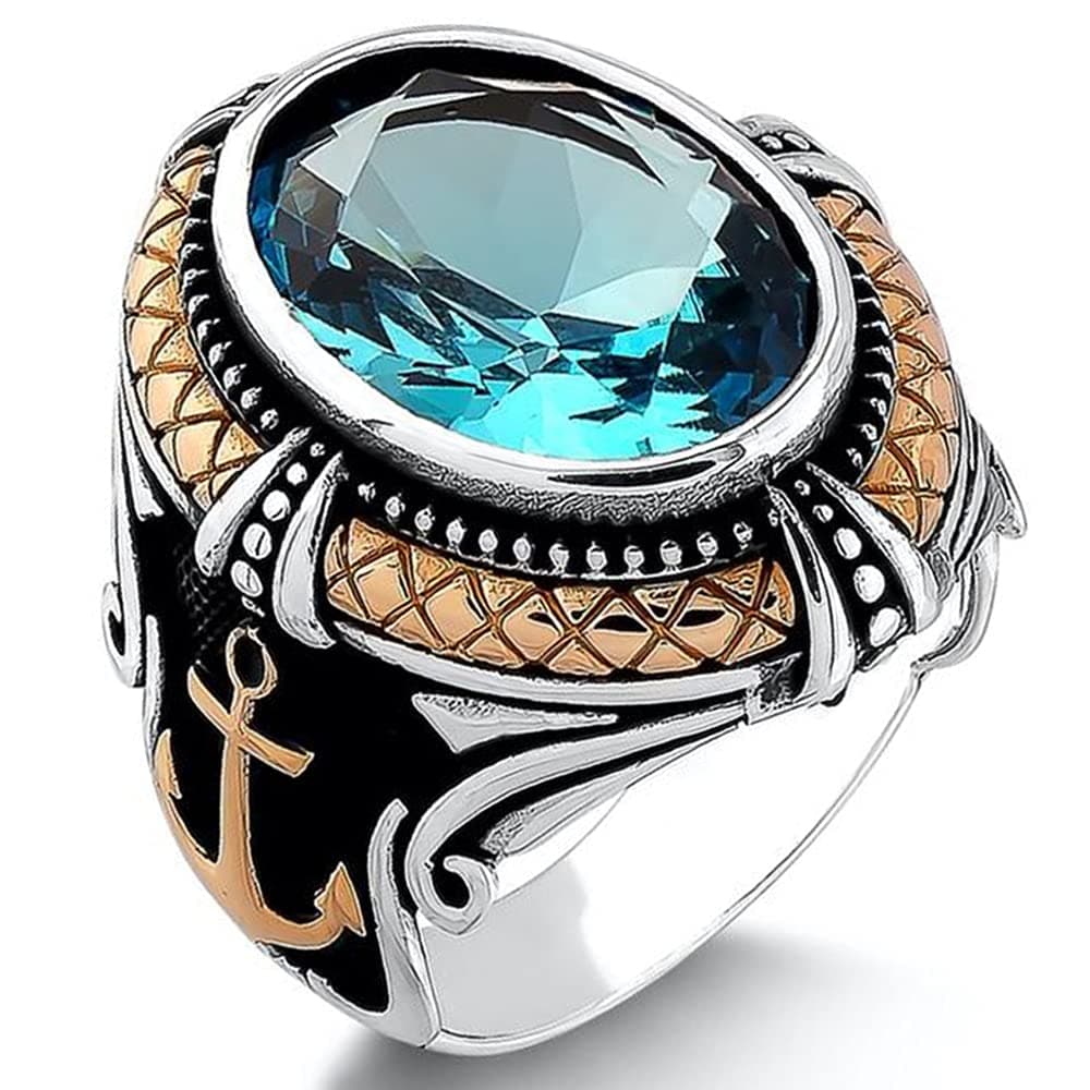 mysilverworldSolid 925 Sterling Silver Anchor Design Aquamarine Stone Men's Ring