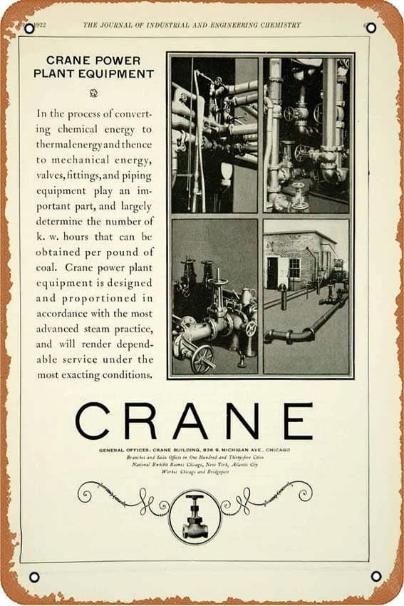 1922 Ad Crane Power Plant Equipment Valve Pipe Fitting Plumbing Factory IEC2 Retro Metal Tin Sign Vintage Room Decor Poster for Home Coffee Bar Wall Art Decor 8x12 Inch