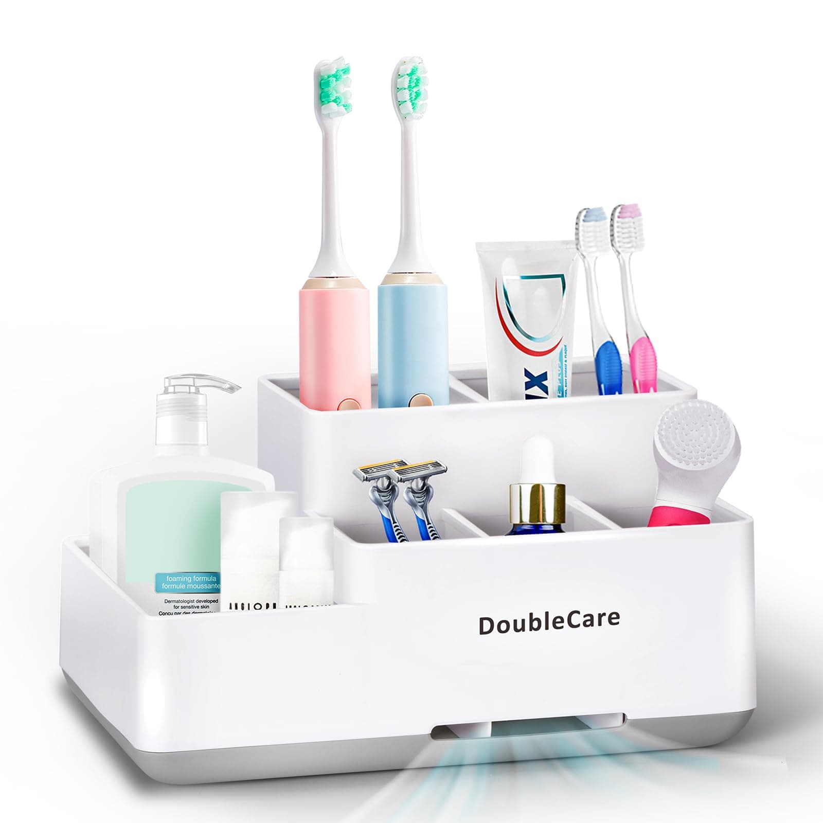 Toothbrush Holder with Anti-Slip, Bathroom Organizer Countertop Detachable for Easy Cleaning, Multifunctional Storage, Bathroom Caddy for Toothpaste, Shaver,Great for Home, Vanity Organizer, Office