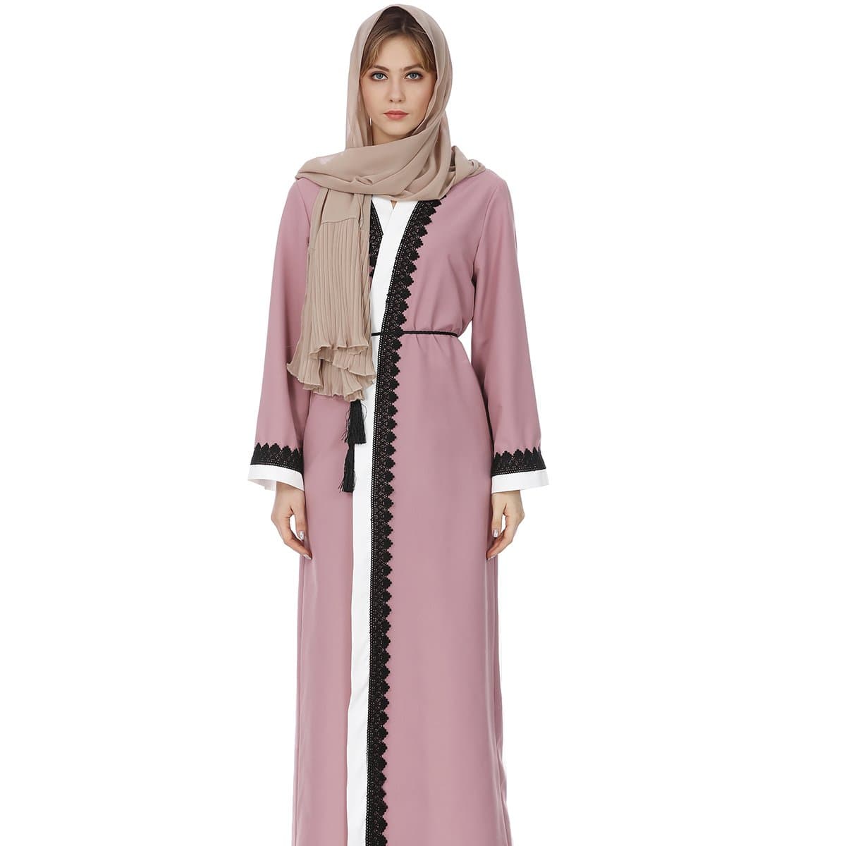 Women's Long Sleeve Dress Muslim Dress Abaya National Costume Stitching Color (Medium, Powder + Black)