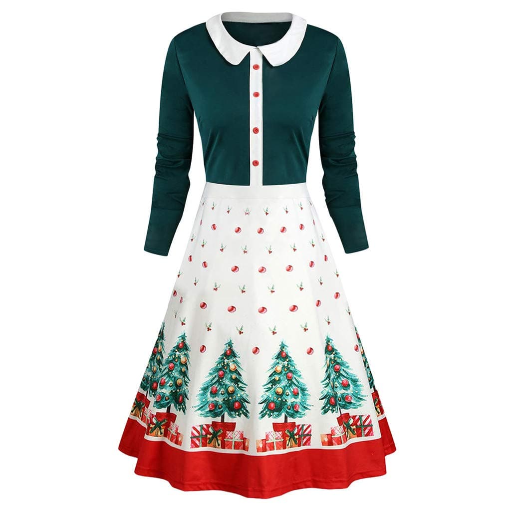 Anglewolf Merry Christmas！！！ Xmas Women Dresses Winter,Casual Girl Dress Up Costume Long Sleeve Knee Length Party Ladies Festival Dress Musical Notes Print Vintage Flare Dress