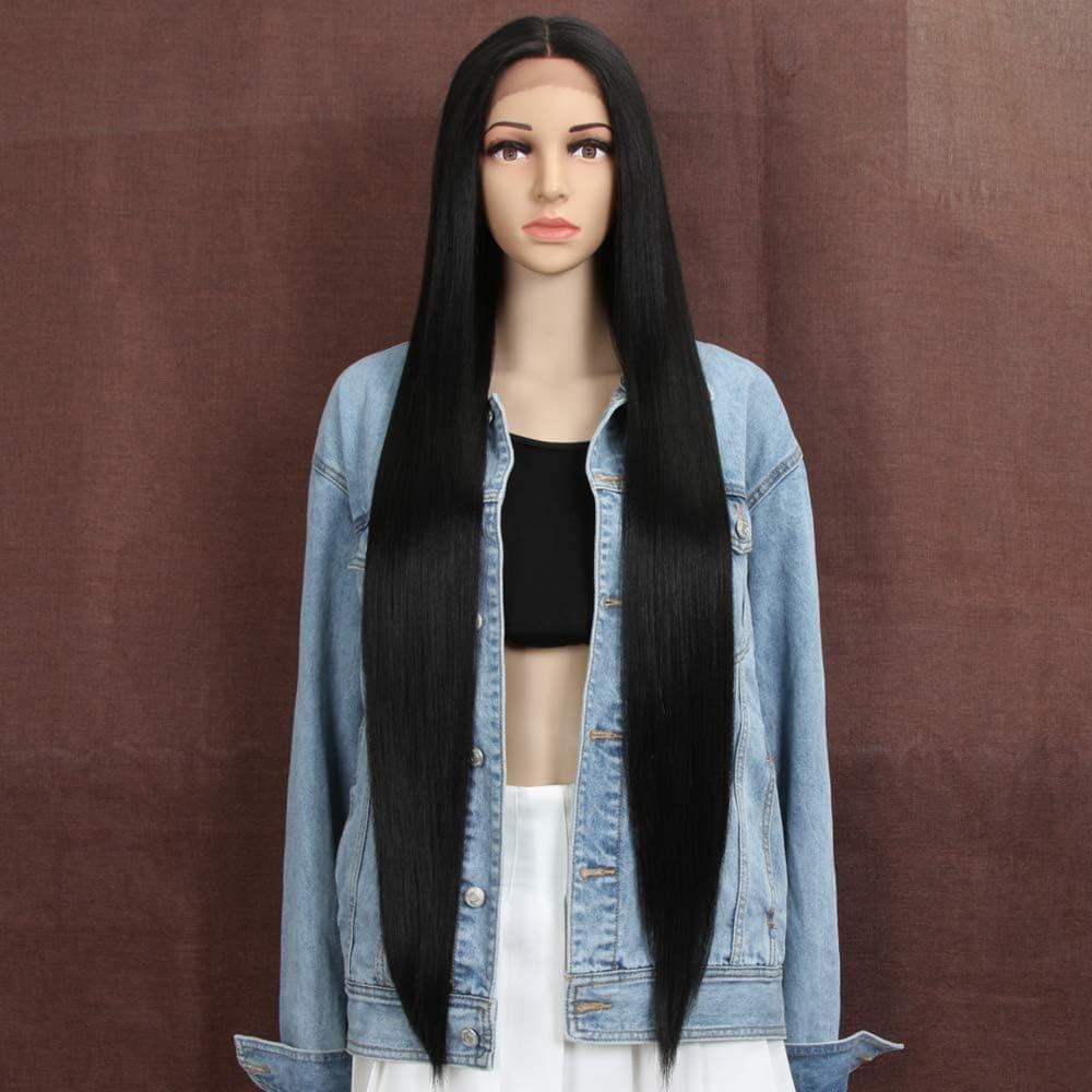 Style Icon Lace Front Wigs 38 inches Super Long Straight Wigs Synthetic Wig Black Wigs 6 inches Deeper Middle Part Wig with Baby Hair 150% Density