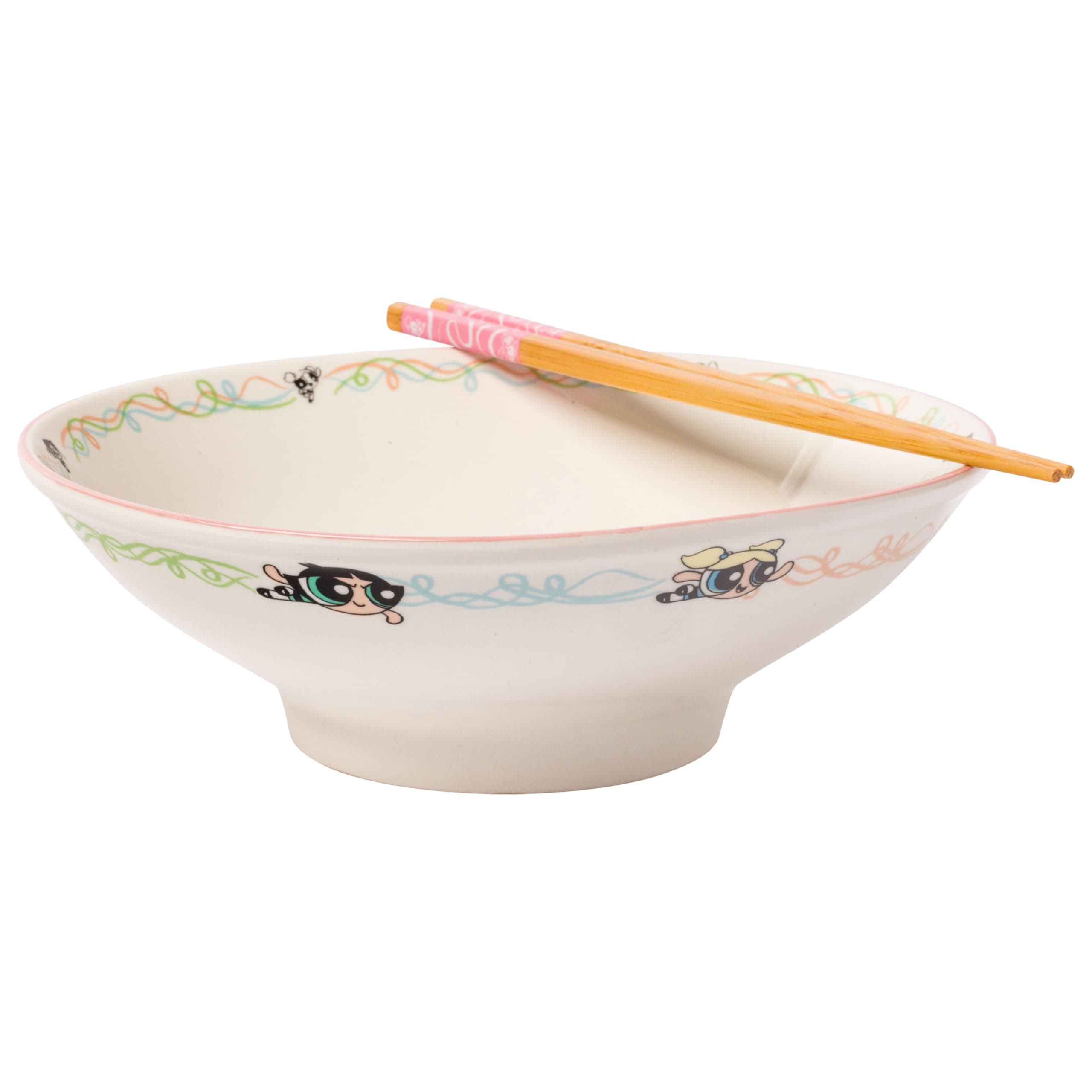 Silver Buffalo Powerpuff Girls Flying Trio Ceramic Ramen Bowl with Chopsticks, 30 Ounces