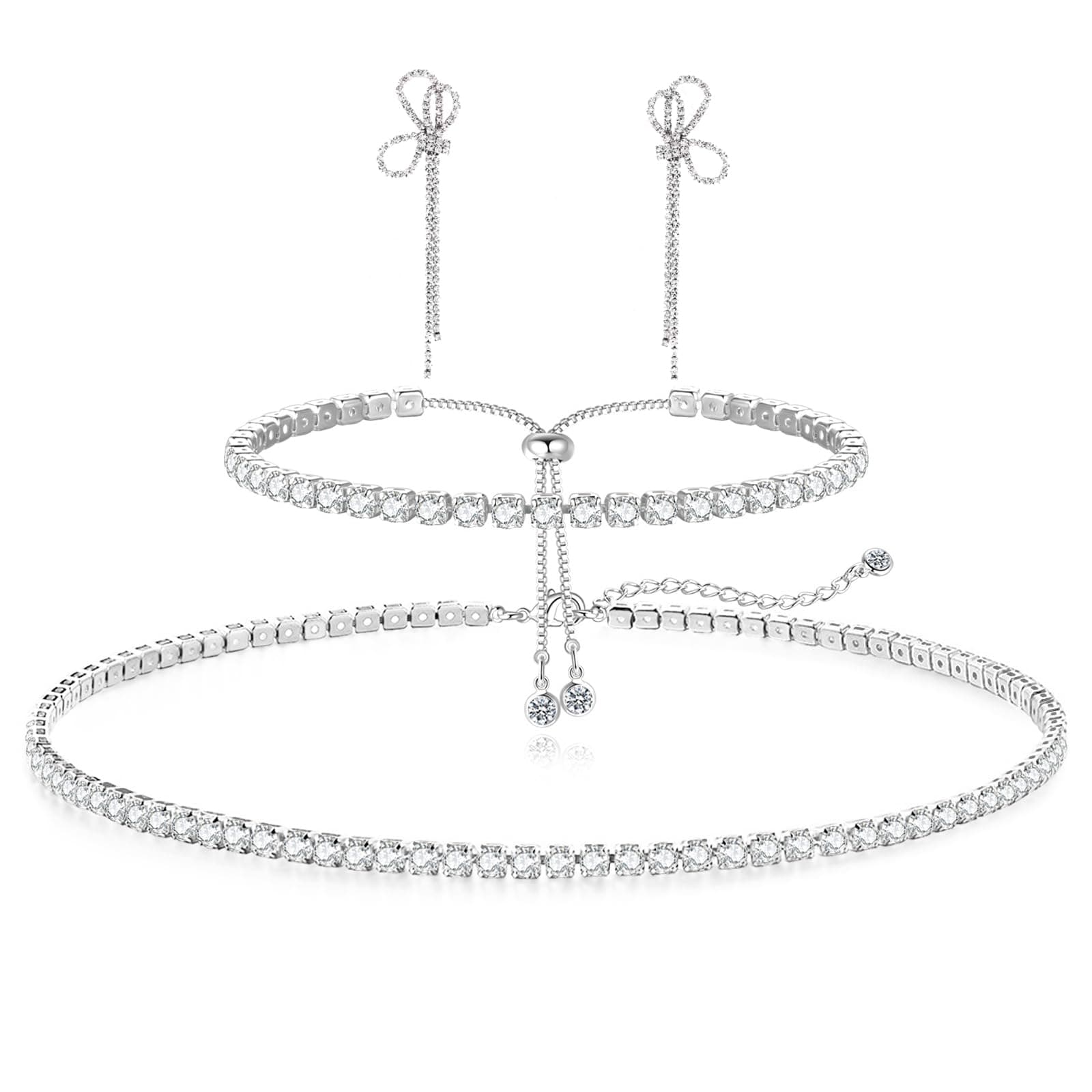 Tennis Necklace Bracelet for Women, Sterling Sliver, Dainty Chocker Necklace, Crystal Bracelet for Women, Wedding Jewelry for Bride, Sparkly Party Prom Hypoallergenic