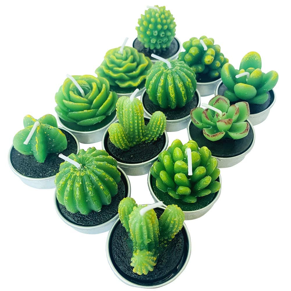 PIVBY Cactus Tealight Candles,Handmade Delicate Succulent Tea Light Candle Holder for Valentine's Day Birthday Party Wedding Spa Home Decoration,12 Pcs in Pack.