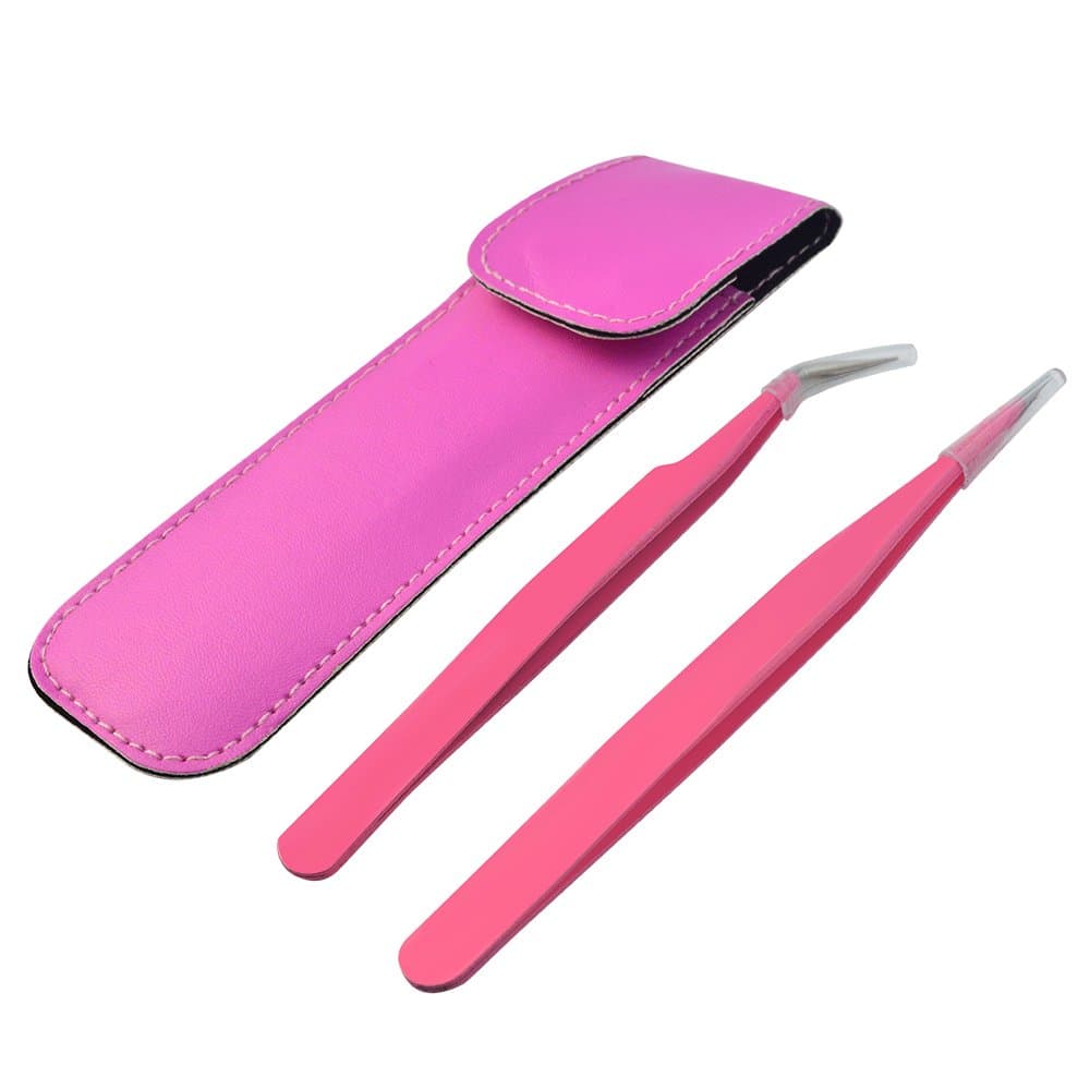 Eyelash Extension Tweezers,obmwang 2Pcs Set Pink Straight & Curved Tip Tweezers Stainless Steel Tweezers with Leather Case False Lash Application Tools for False Eyelashes,Jewelry-making, Nail Art