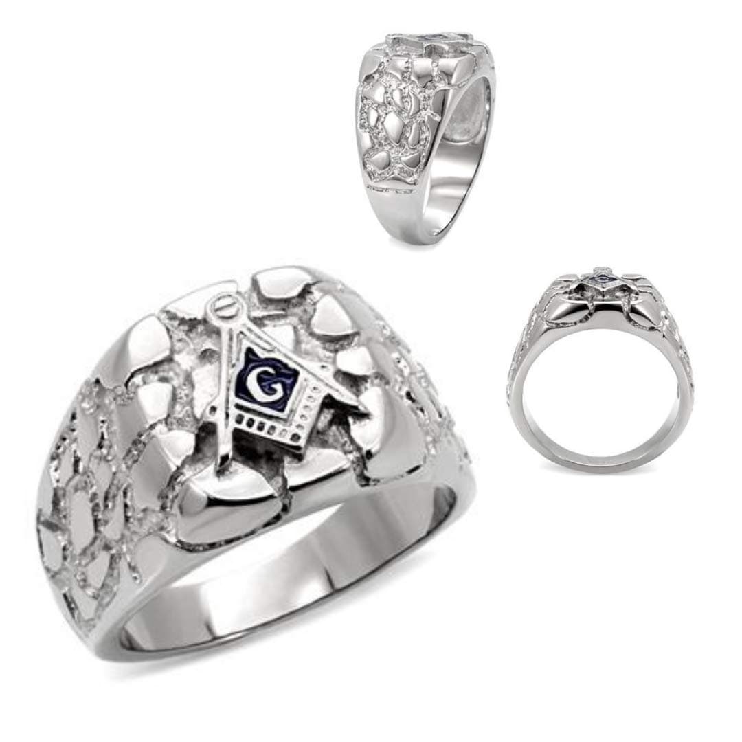 Eternal Sparkles Men's Textured Masonic Lodge Freemason Signet Nugget Ring in Hypoallergenic Silvertone Stainless Steel Ornate Statement Ring
