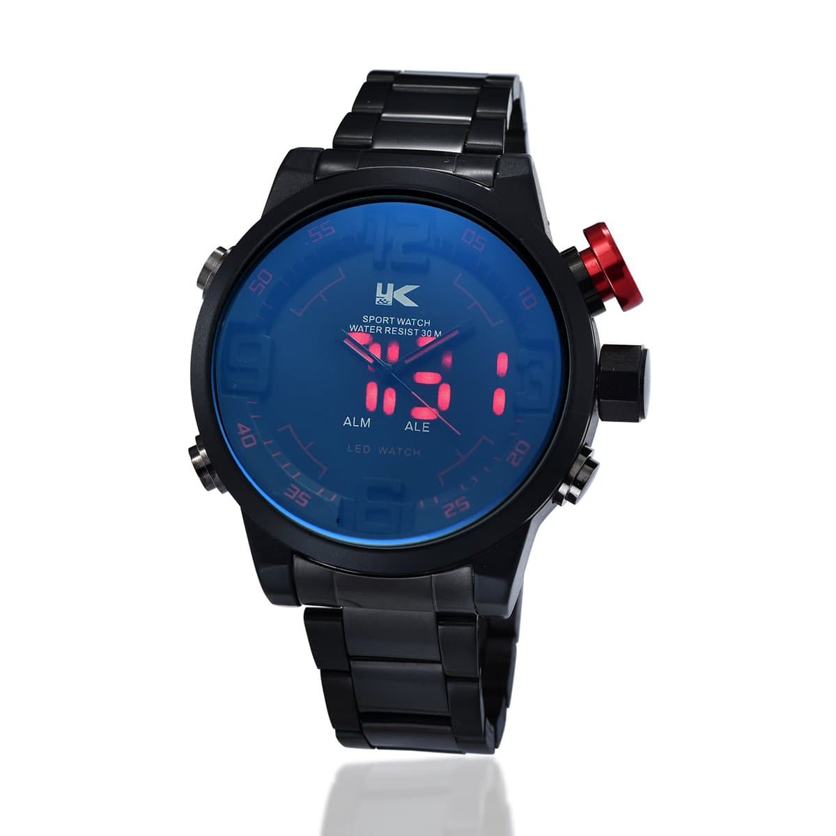 Yaki Men's LED Alarm Digital Analog Quartz Sport Black Stainless Steel Band Waterproof Wrist Watch