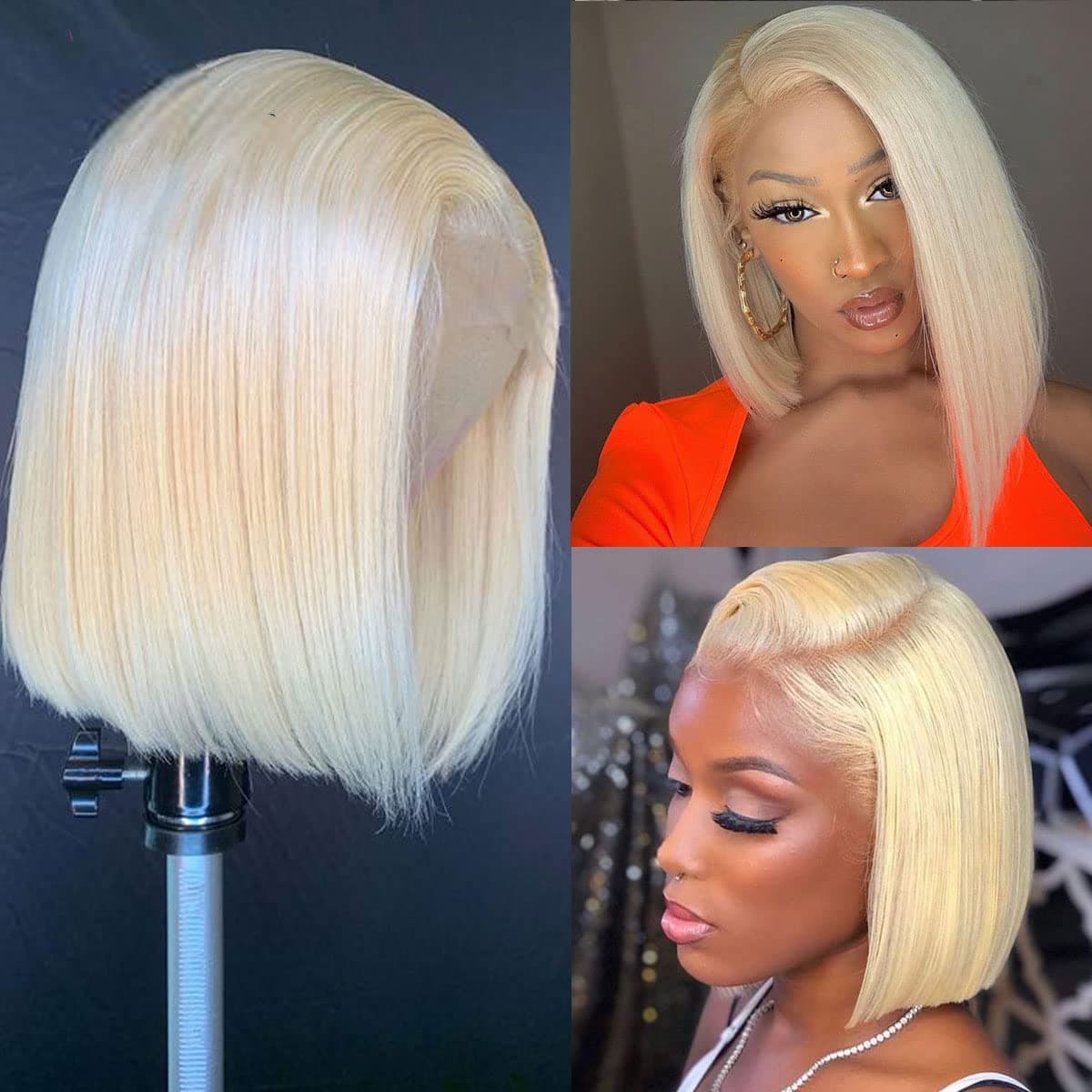 Intuition Hair Short Bob #613 13X4 Lace Front Wigs Human Hair Brazilian Virgin Hair Blonde Lace Front Wigs For Black Women Straight Pre Plucked Hairline 130% Density (10 inch, Lace Front Wig)