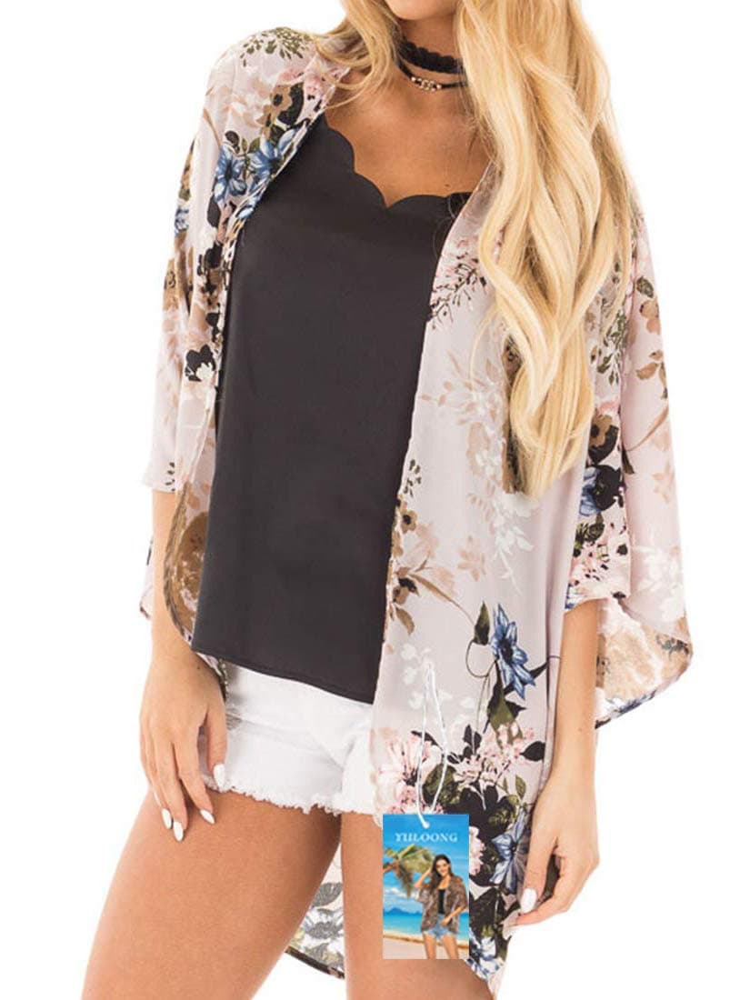 Womens Cover Ups Chiffon Floral Print Kimono Loose Shawl Cardigan Boho Summer Casual Blouse Top Sexy Beach Swimwear Capes