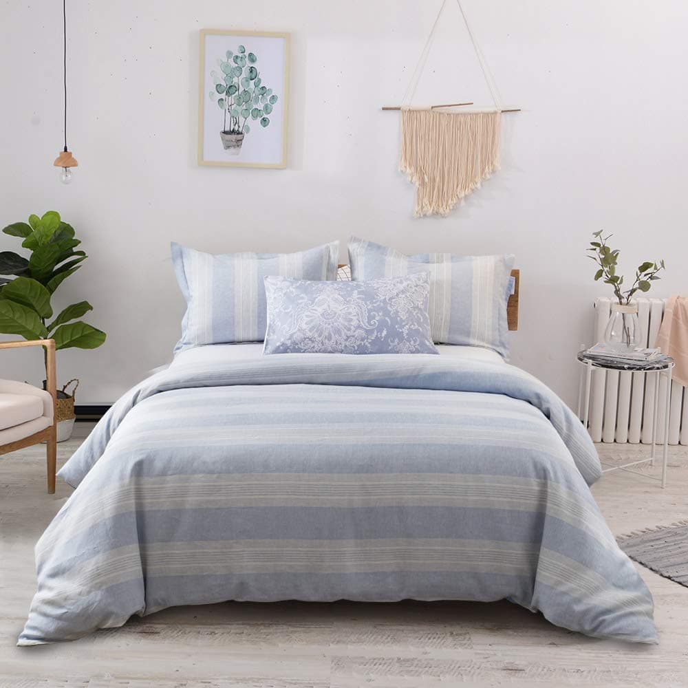 Merryfeel Linen Duvet Cover Set Queen Size,100% French Linen Yarn Dyed Stripe Bedding Set,3 Pieces(1 Duvet Cover with 2 Pillowshams)- Full/Queen- Blue Stripe Duvet Cover Set Luxury
