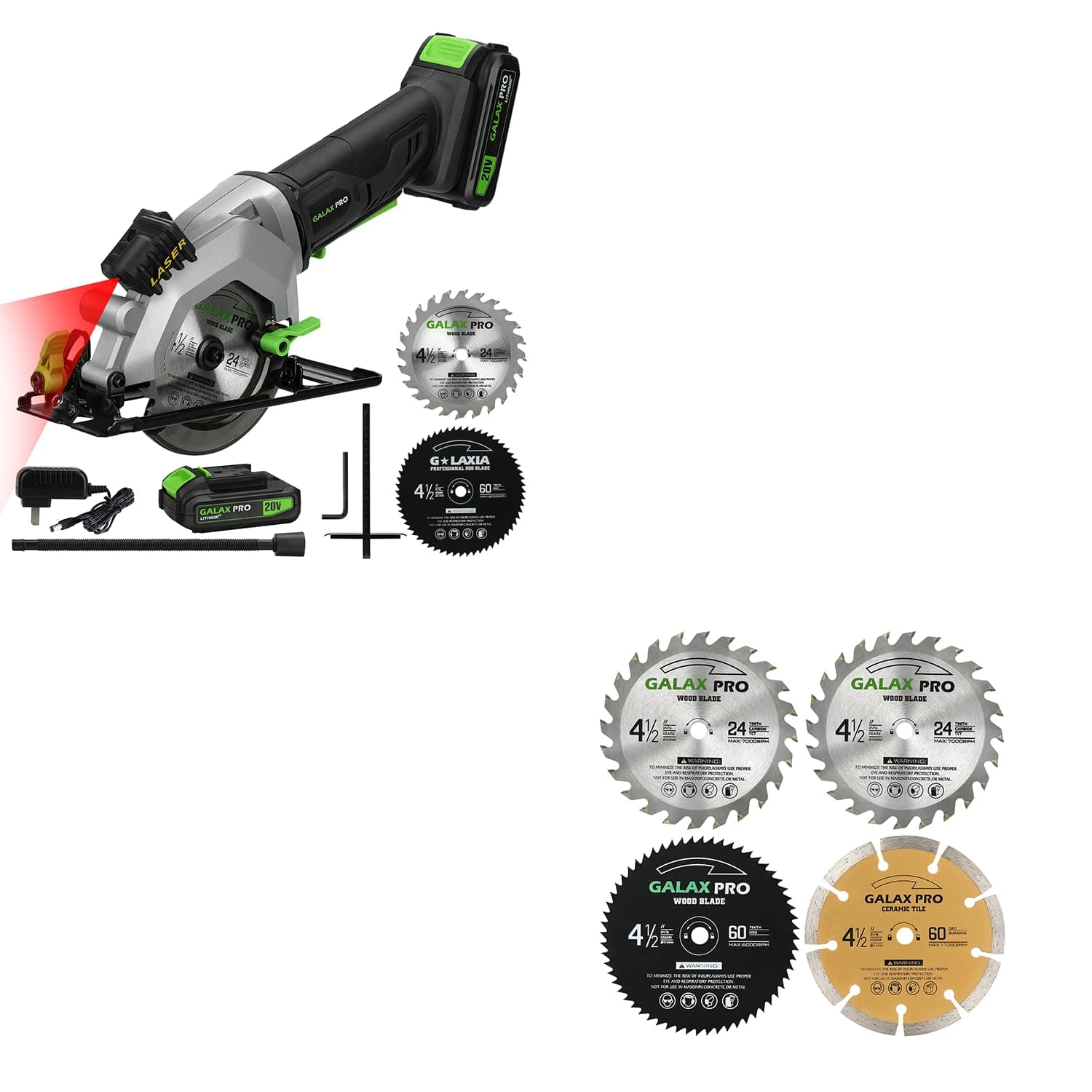 Mini Circular Saw - DC20V 4-1/2" Cordless Saw with 2.0Ah Battery and Pack of 4 Assorted 60T HSS Metal/24T TCT Wood/Diamond Blades