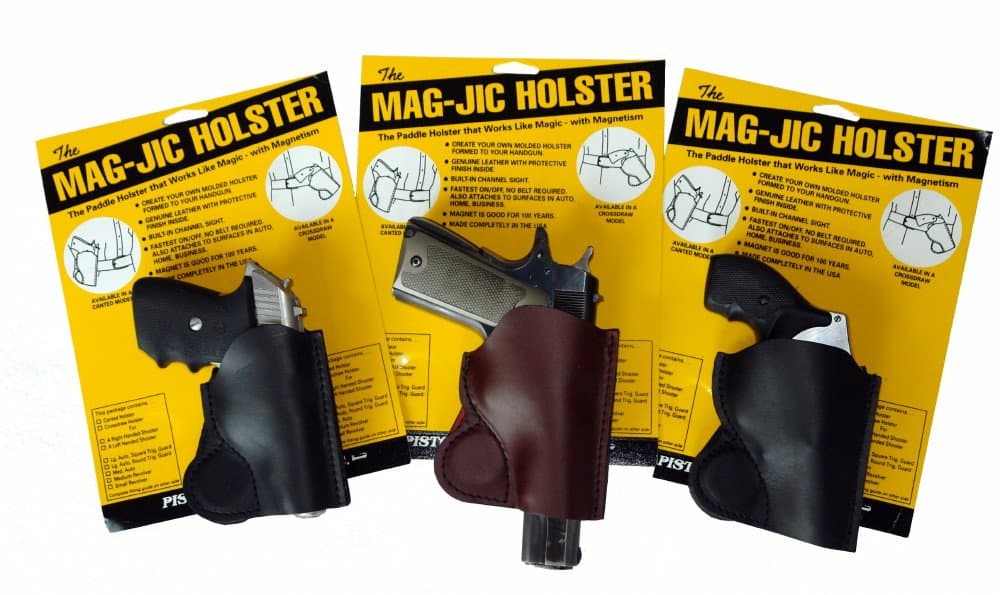 MAG-JIC USA Made Magnetic Leather Gun Holster for Most Guns (Black Left Handed, Medium Automatic)