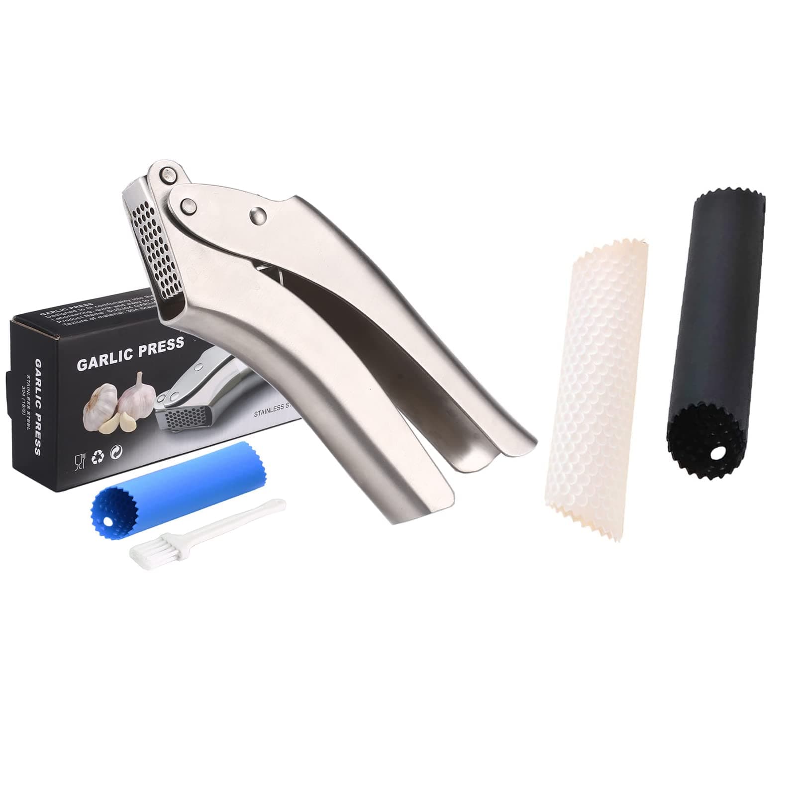 Maxracyfor Garlic Kit - 2 Set Silicone Garlic Peeler Tube Roller +304 Stainless Steel Garlic Press