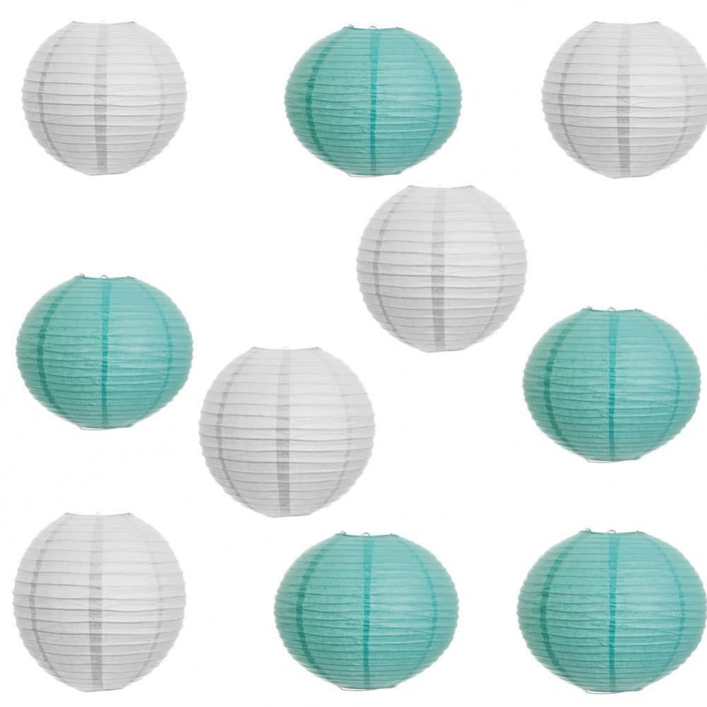 Elife 10pcs Robin's Egg Blue and White Color Indoor/Outdoor Chinese/Japanese Paper Lanterns/lamps 8" Diameter for fun/ Wedding Birthday Party Decorations (Robin's egg blue+ white)