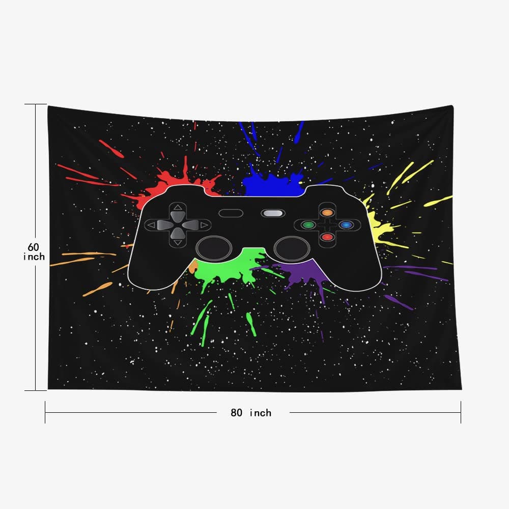 Crannel Game Joystick and Multi-Colored Blots on a Black Background White Dots Spray Effect Wall Hanging Tapestry 80X60 Inches Tapestries for Dorm Room Living Home