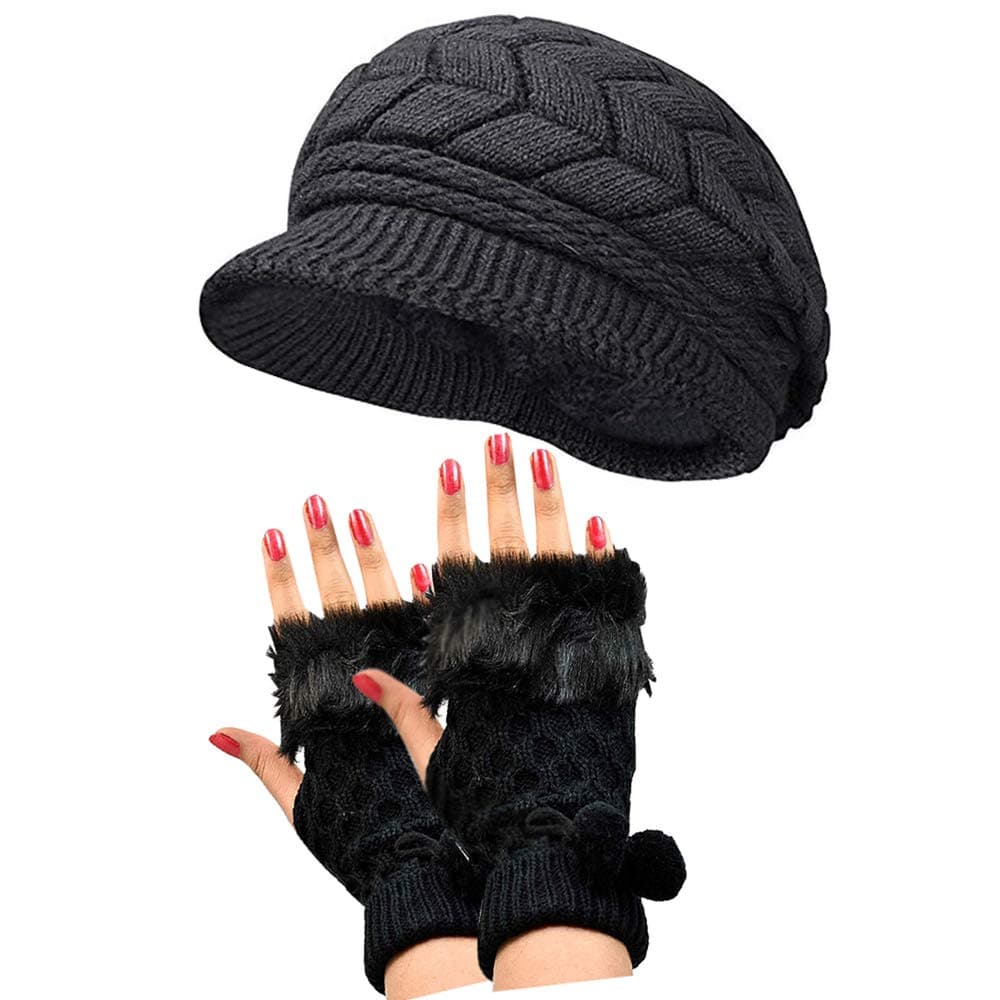 Fashion Sutra Women's Combo of Winter Warm Knit Hat Wool Snow Ski Caps with Stylish Fingre Cut Fur Faux Hand Gloves (Black, Free Size)