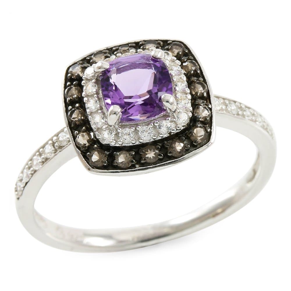 Glamouresq Sterling Silver 5mm Cushion Cut Natural Amethyst & Round Brilliant Smoky Quartz Women's Ring, Size 7
