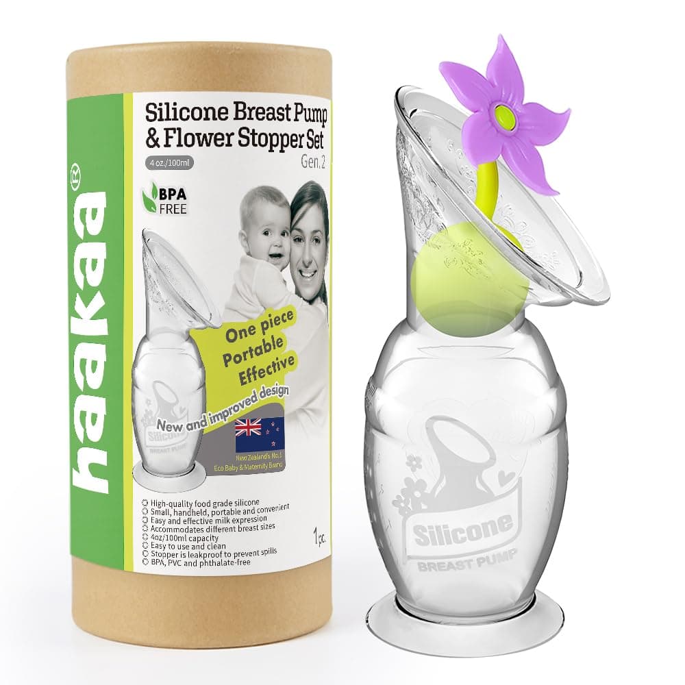 Haakaa Manual Breast Pump Silicone Pump Breastfeeding Pump Milk Saver with Suction Base and Flower Stopper 100% Food Grade Silicone (4oz/100ml) (Purple)