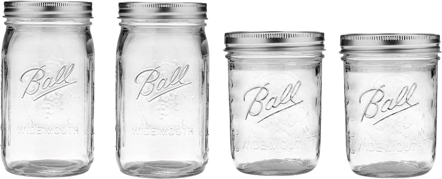 Ball Mason Wide Mouth Jars with Lids and Bands - Set of 4 Jars, Two 32oz + Two 16oz (Bundle Pack)
