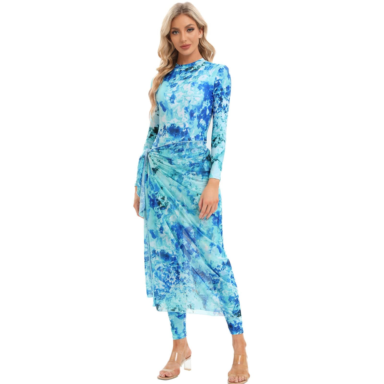 Womens Muslim Swimsuits Tie Dye Top Swim Pants with Long Sarong Cover up Wrap Skirt Swimwear Modest Bathing Suit 4PCS