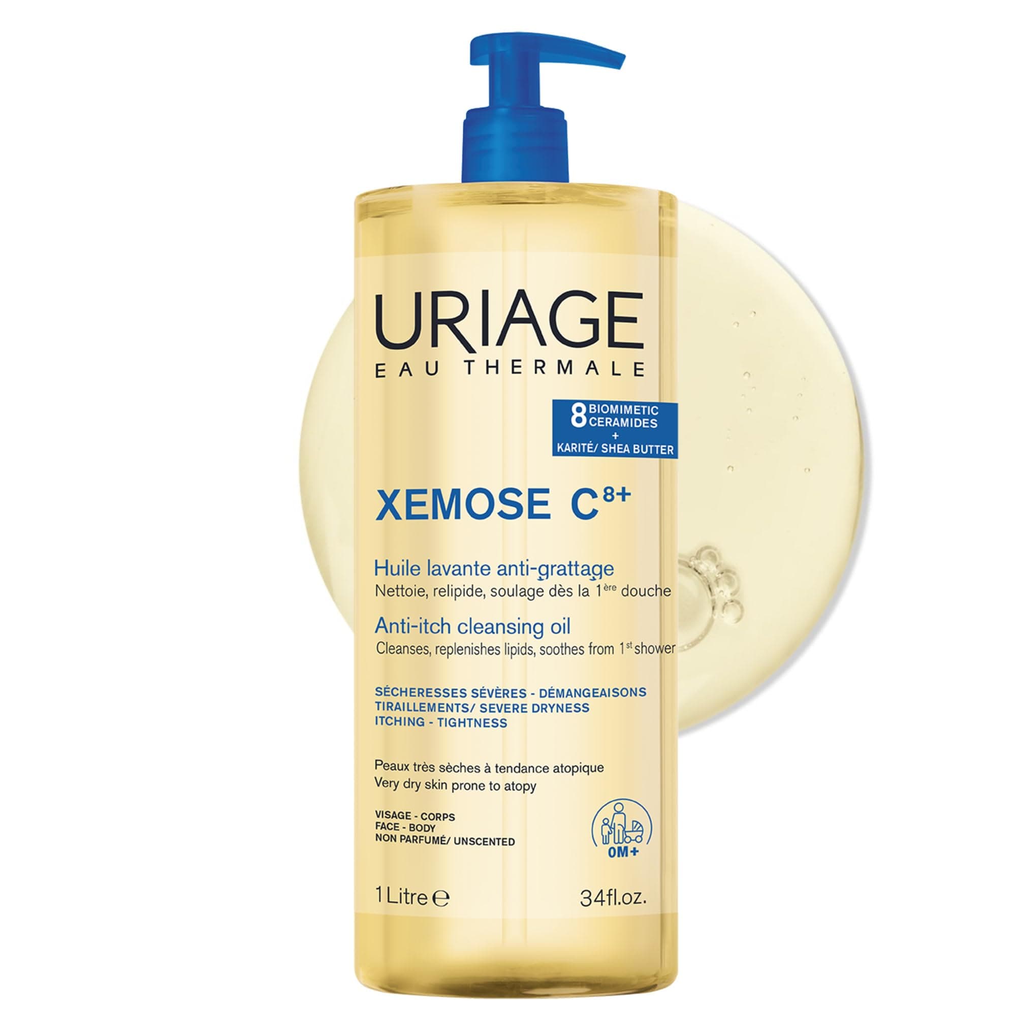 Xemose C8+ Anti-itch Shower Oil 1L – Face & Body Wash - Very Dry Skin Prone to Atopy – Soothes from 1st application - 8 Biomimetic Ceramides & Shea Butter - Fragrance-Free